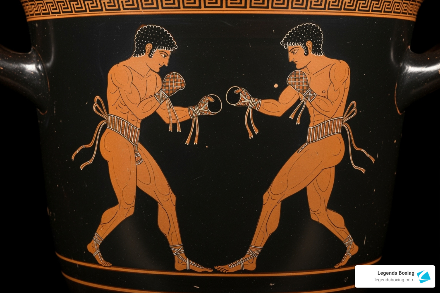 Greek black-figure vase painting depicting two muscular boxers facing each other with leather himantes wrapped around their hands and forearms