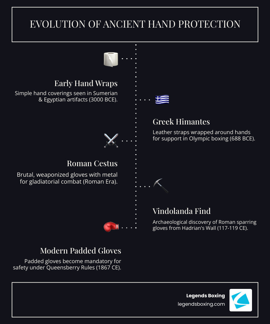 Evolution of Ancient Hand Protection infographic — a vertical timeline showing: Early Hand Wraps (simple coverings in Sumerian & Egyptian artifacts, 3000 BCE), Greek Himantes (leather straps for Olympic boxing, 688 BCE), Roman Cestus (weaponized gloves with metal, Roman Era), Vindolanda Find (archaeological discovery near Hadrian's Wall, 117–119 CE), Modern Padded Gloves (mandatory under Queensberry Rules, 1867 CE)