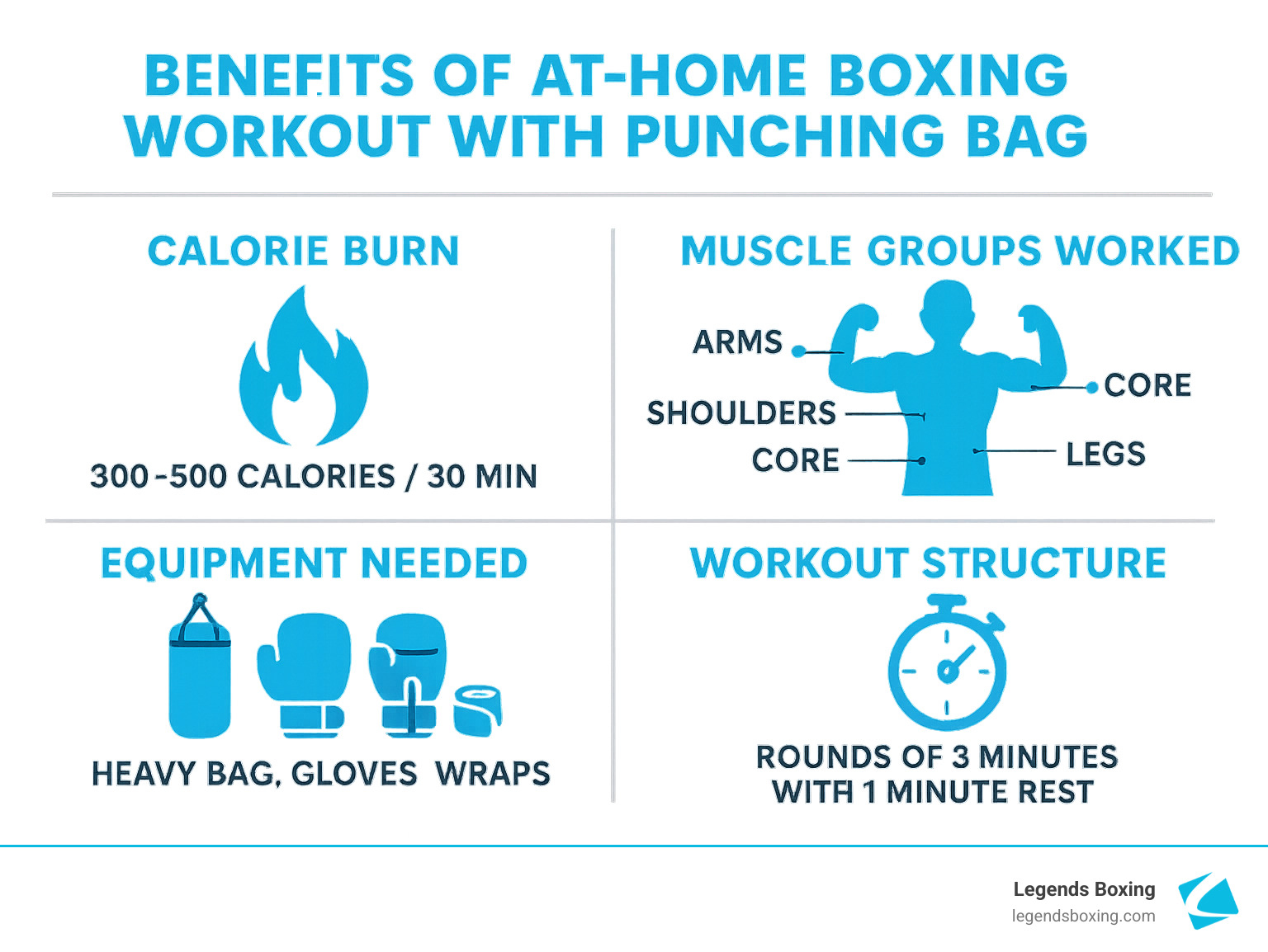 Benefits of At-Home Boxing Workout With Punching Bag — four-quadrant Legends Boxing infographic: Calorie Burn (flame icon, 300–500 calories per 30 min), Muscle Groups Worked (body diagram labeling arms, shoulders, core, and legs), Equipment Needed (heavy bag, gloves, and wraps icons), and Workout Structure (stopwatch icon, rounds of 3 minutes with 1 minute rest) — Legends Boxing branded