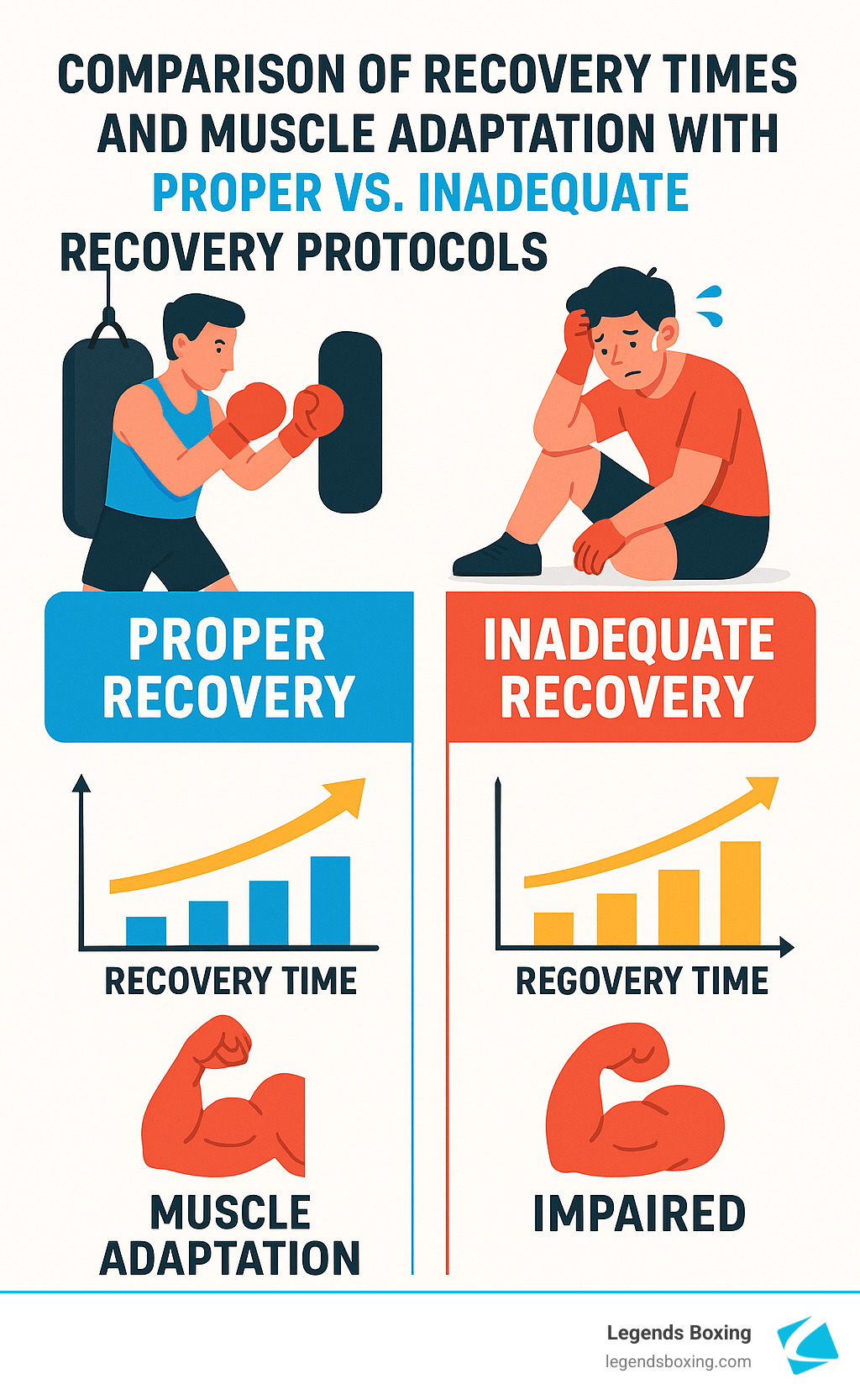 Comparison of Recovery Times and Muscle Adaptation With Proper vs. Inadequate Recovery Protocols — Legends Boxing branded split infographic: left side (blue) shows a boxer training with upward-trending bar chart labeled "Recovery Time" and a strong bicep icon labeled "Muscle Adaptation"; right side (red/orange) shows an exhausted person sitting with head in hands, a slower bar chart, and a bicep icon labeled "Impaired" — illustrating why post-workout recovery is as important as the workout itself