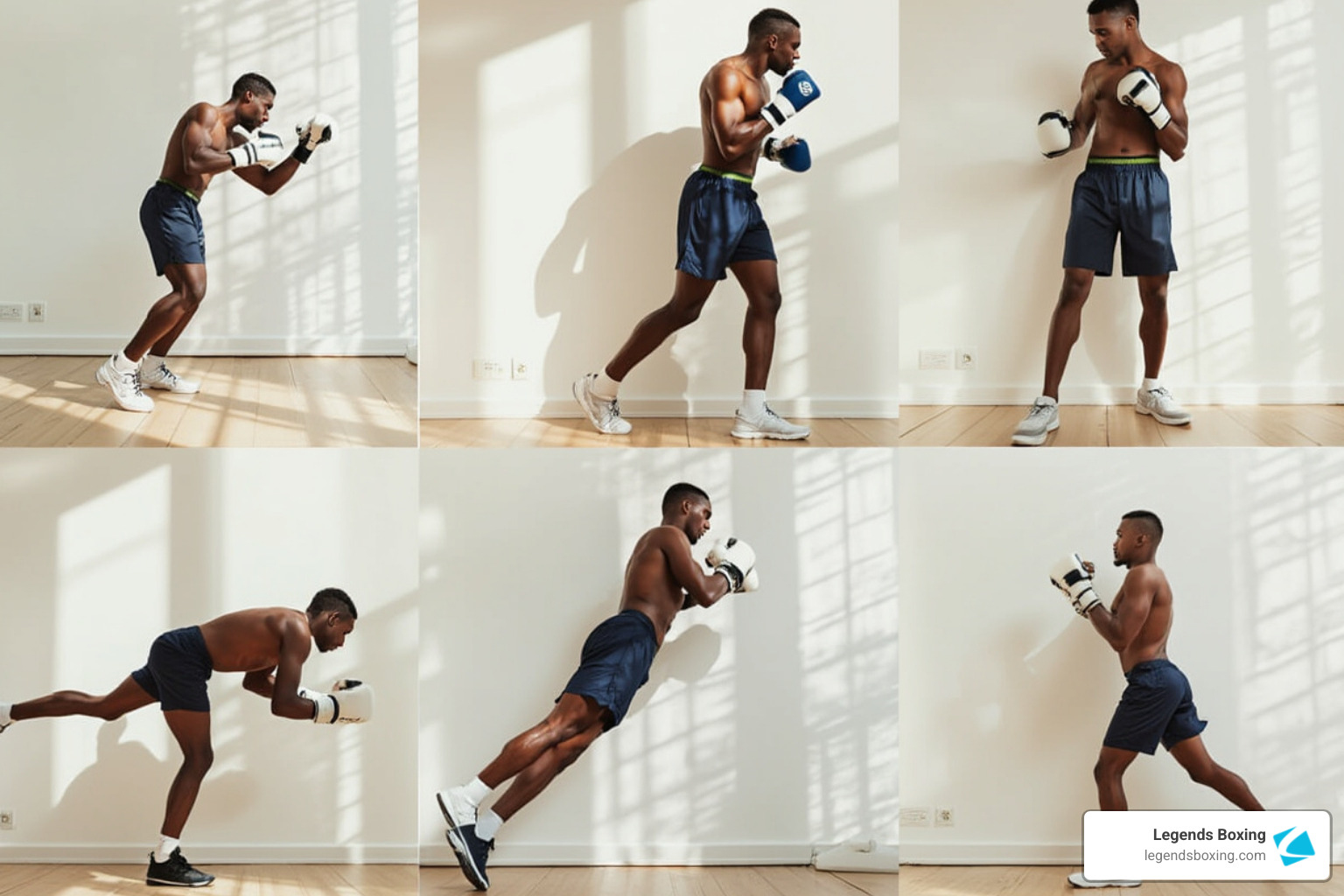 Six-panel Legends Boxing shadowboxing sequence: a shirtless muscular boxer in blue shorts and white gloves demonstrates various punch positions from different angles — jab extension, cross follow-through, bob-and-lean, lateral lunge-punch, and guard recovery — against a bright white wall, showing the footwork and full-body rotation you should rehearse in your warm-up