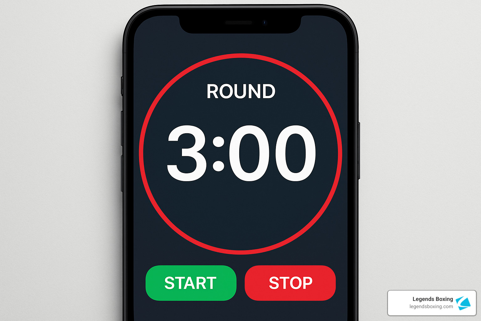 Boxing round timer app on smartphone showing ROUND 3:00 with START and STOP buttons — the standard 3-minute round format that creates the HIIT effect responsible for heavy bag training's exceptional calorie burn — Legends Boxing branded