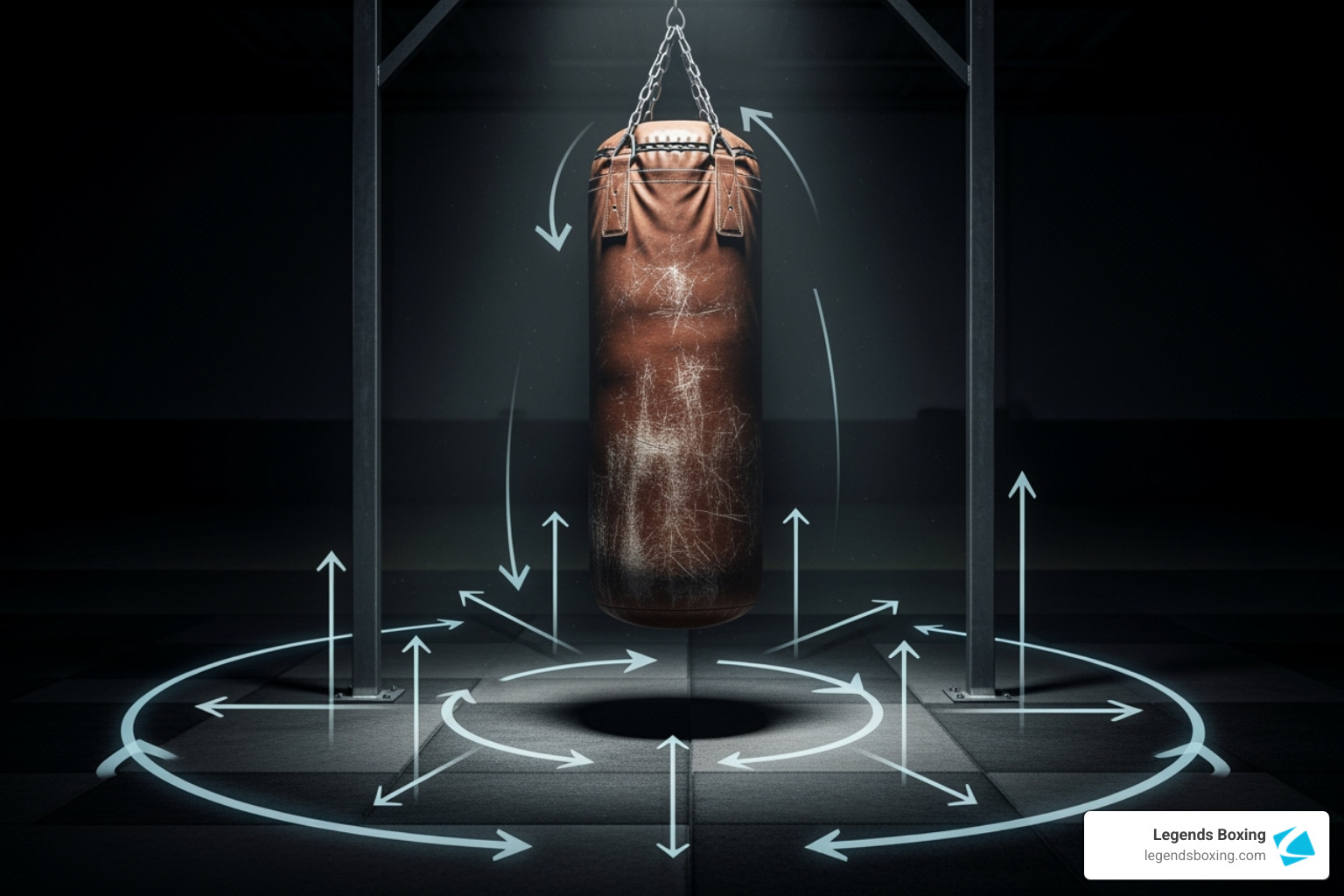 Leather heavy punching bag on a dark gym floor illuminated by a spotlight — white circular footwork arrows overlaid showing circular movement, lateral steps, and in-and-out pendulum patterns around the bag — footwork drill diagram — Legends Boxing