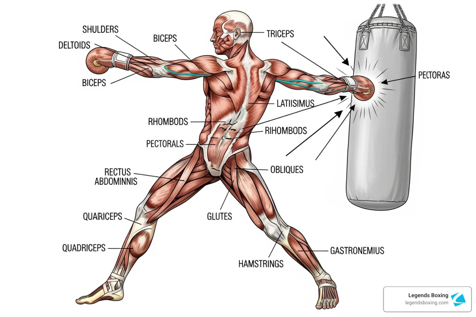 Anatomical diagram of a boxer throwing a cross at a heavy bag — muscles labeled include deltoids, biceps, triceps, pectorals, latissimus, rhomboids, obliques, rectus abdominis, glutes, quadriceps, hamstrings, and gastrocnemius — showing the full-body engagement of every punch — Legends Boxing