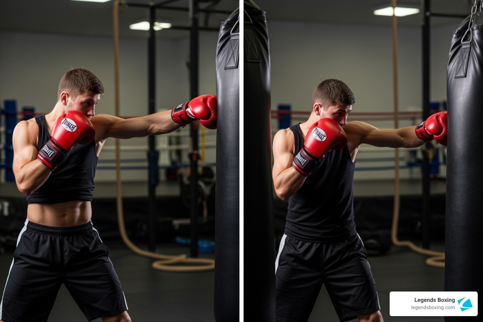 Side-by-side photo of a boxer in red Everlast gloves throwing punches on a black heavy bag in a gym — left panel shows a cross with full arm extension and hip rotation, right panel shows a hook with bent elbow and shoulder drive — correct punching form demonstration — Legends Boxing