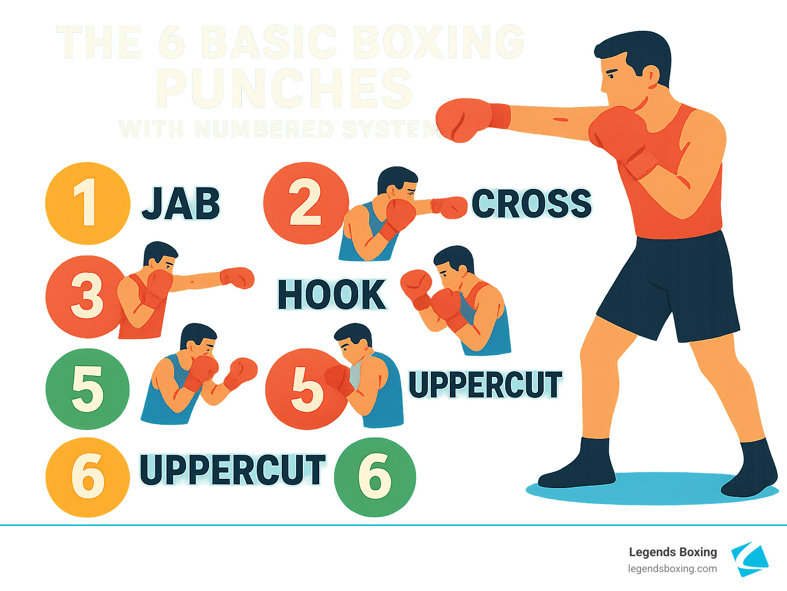 The 6 Basic Boxing Punches with Numbered System infographic — numbered circles: 1-Jab, 2-Cross, 3-Hook (lead), 4-Hook (rear), 5-Uppercut (lead), 6-Uppercut (rear) — with illustrated boxer and Legends Boxing branding, showing the universal numbering system used to call combinations