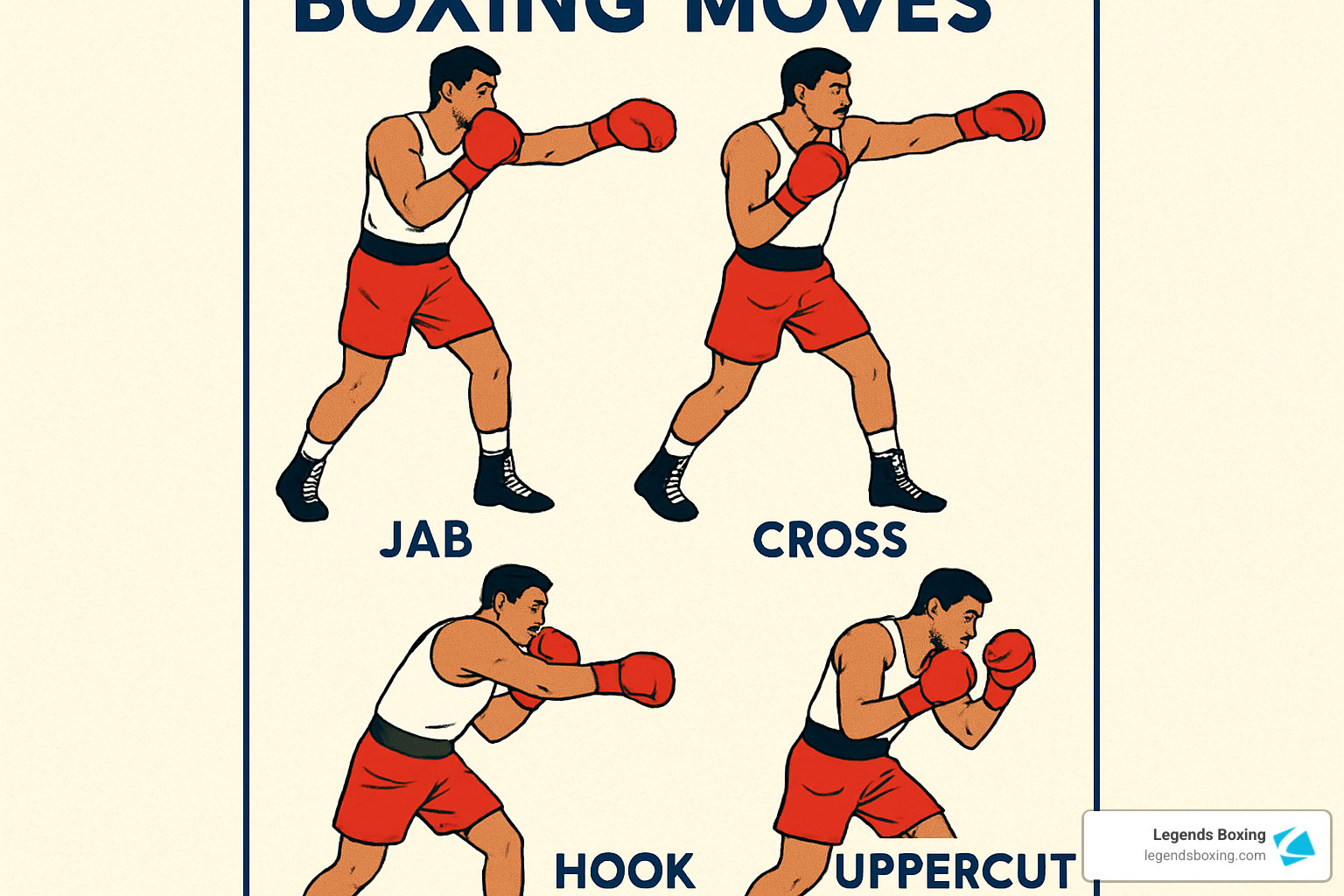 Boxing Moves illustrated infographic — vintage-style line art boxer in red shorts demonstrating four punches: Jab (lead arm fully extended), Cross (rear arm extended with hip rotation), Hook (bent-arm circular punch), and Uppercut (upward-driving fist) — Legends Boxing branded