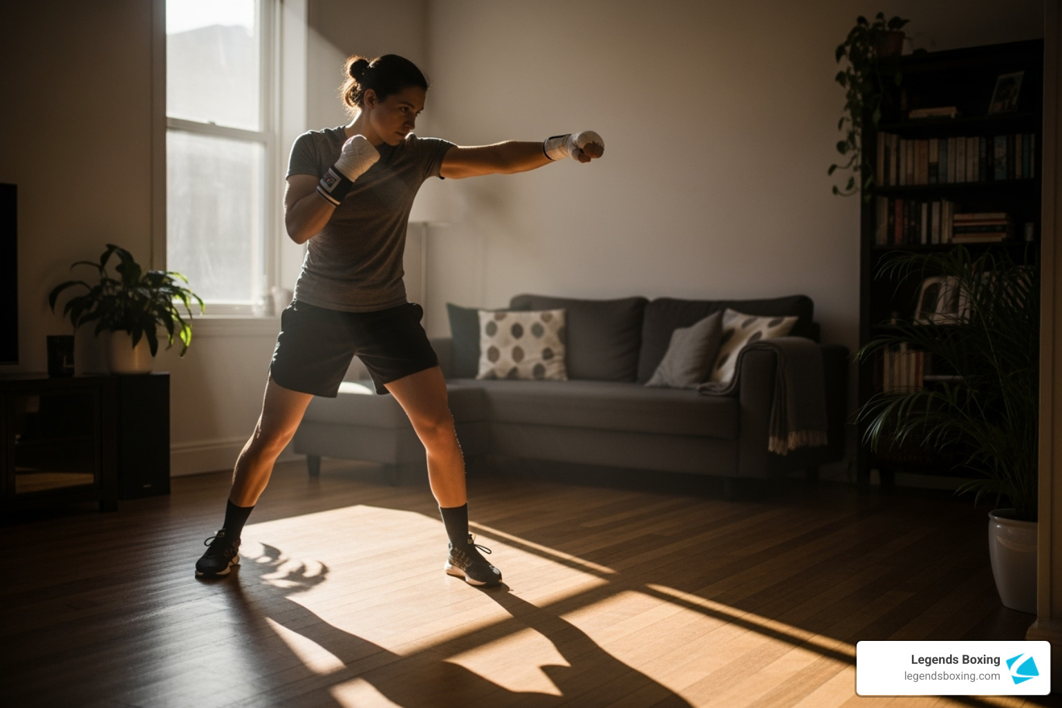 Woman in gray t-shirt and black shorts shadowboxing at home in a sunny living room with hand wraps on, lead hand fully extended, couch and plants visible in the background — beginner boxing workout routine at home — Legends Boxing