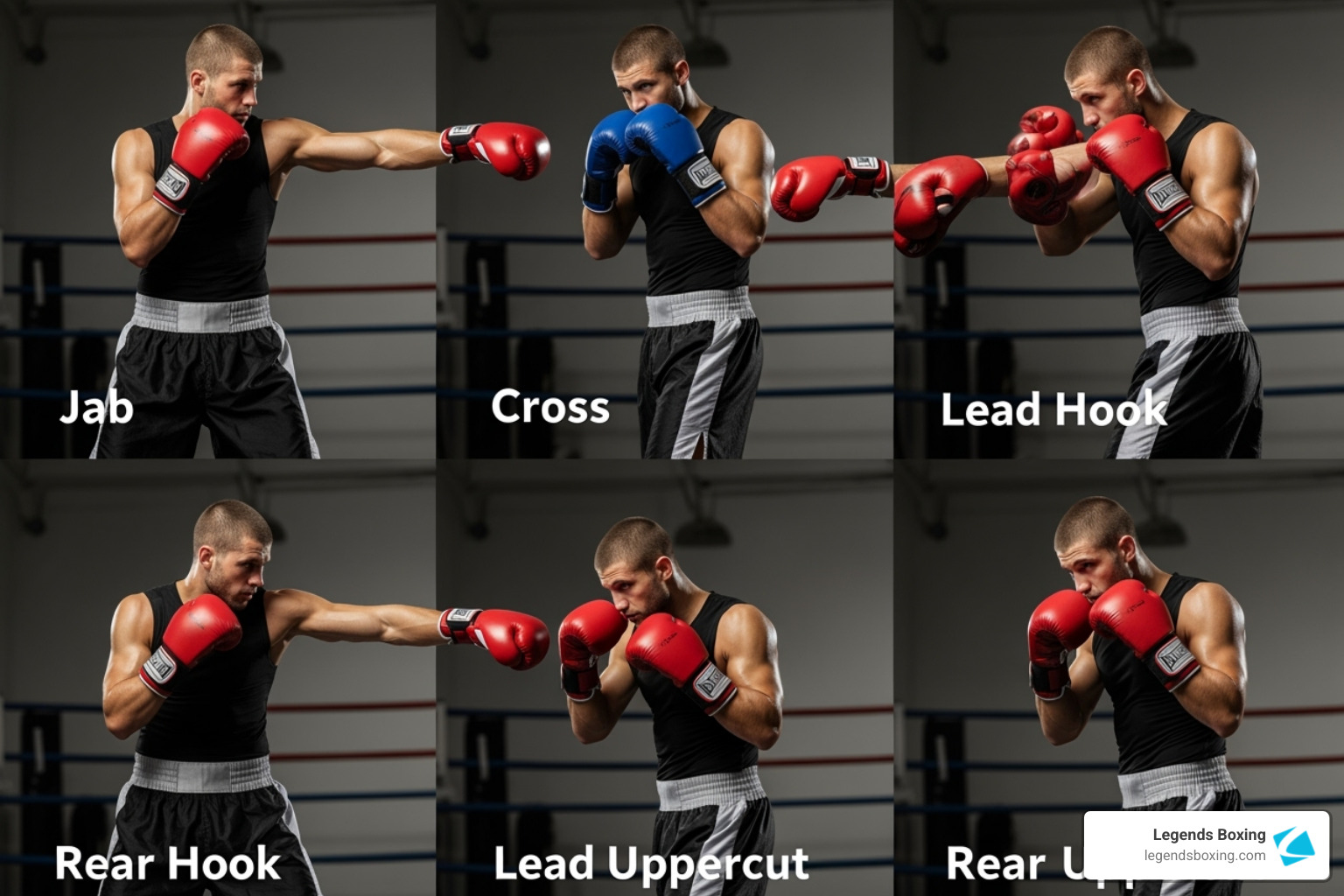 Six-punch reference grid: top row — Jab (lead hand extended straight), Cross (rear hand crossing body), Lead Hook (front-hand arc); bottom row — Rear Hook (back-hand arc), Lead Uppercut (front-hand upward drive), Rear Uppercut (back-hand upward drive) — boxer in red and blue gloves demonstrating all six punches — beginner boxing workout routine — Legends Boxing