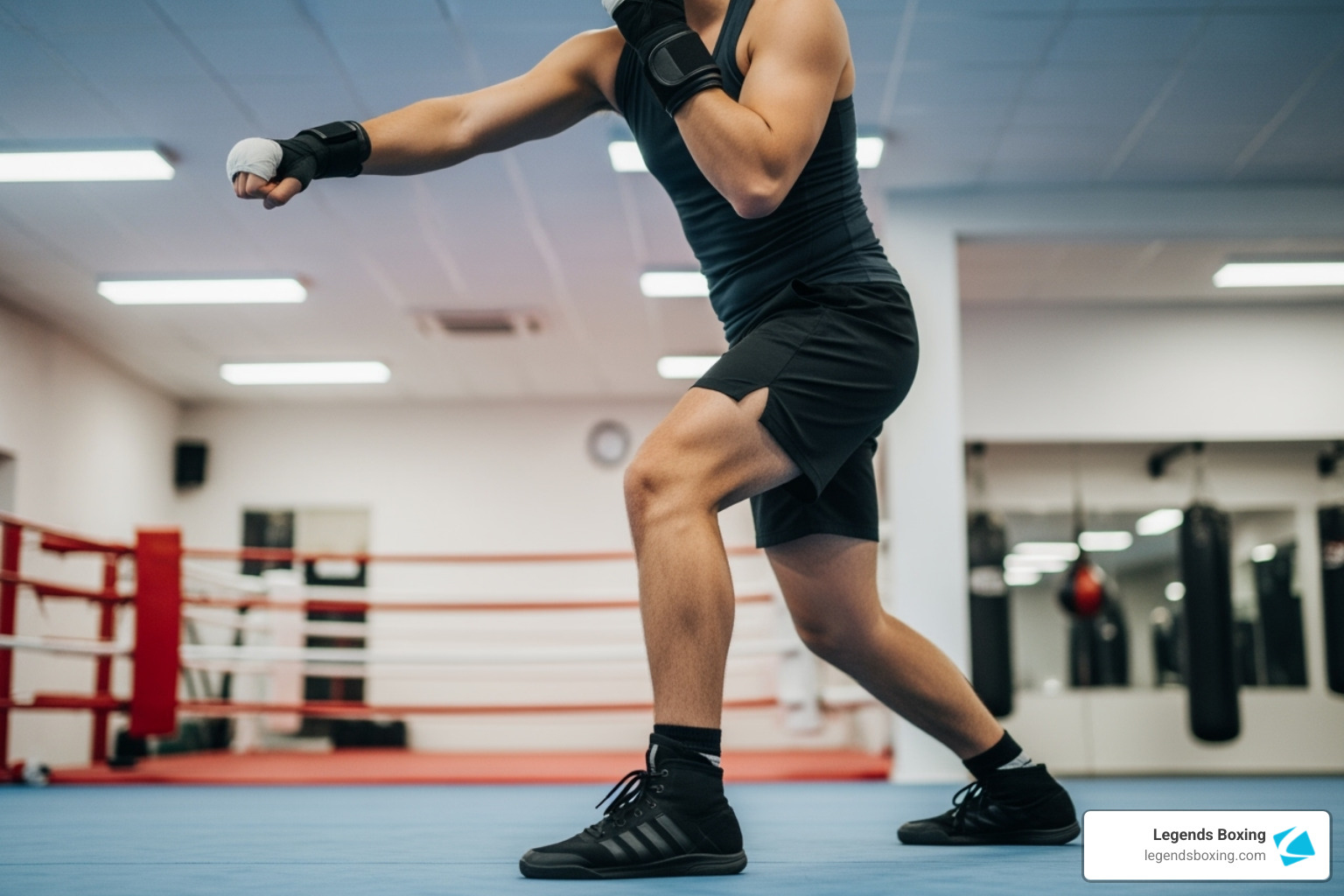Boxer in all-black outfit launching a jab with full body weight shifted forward, extended lead arm in frame, boxing ring with red ropes and heavy bags visible in background — correct stance and footwork in a beginner boxing workout routine — Legends Boxing