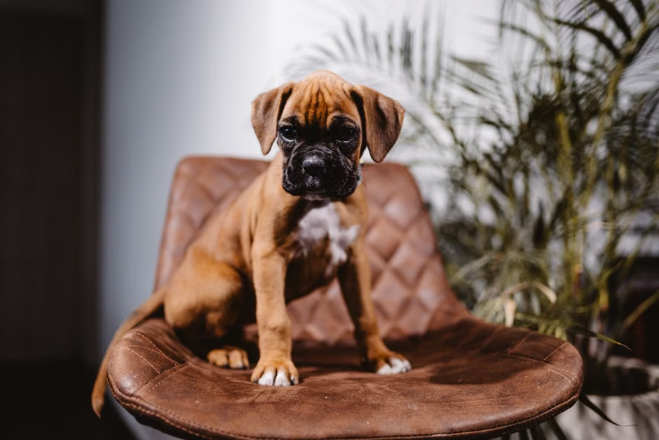 Boxer dog puppy sitting attentively on a leather chair