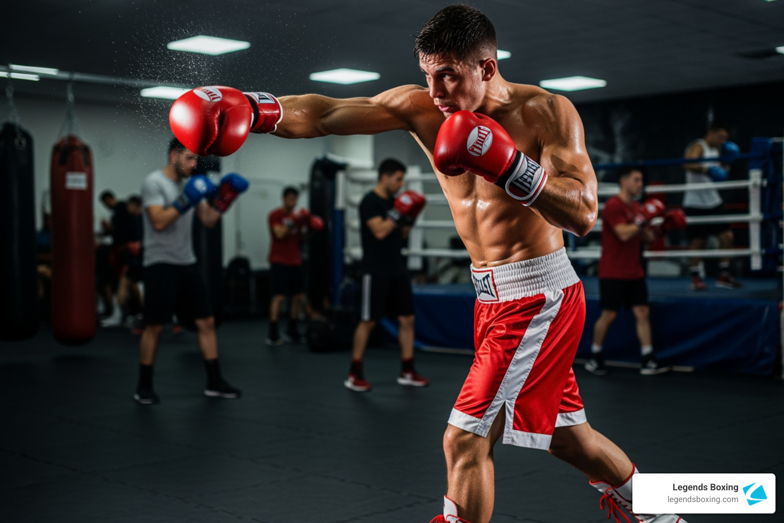 Boxer throwing a powerful cross in the gym, multiple training partners visible in background