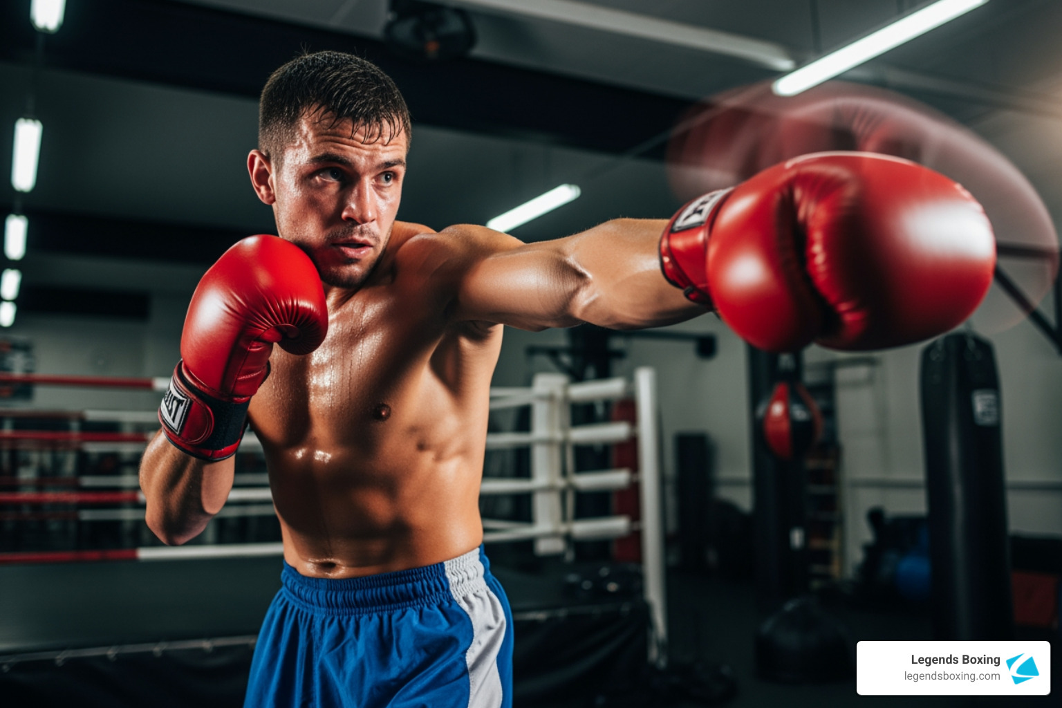 Boxer throwing a hook punch in a boxing ring with referee visible in background