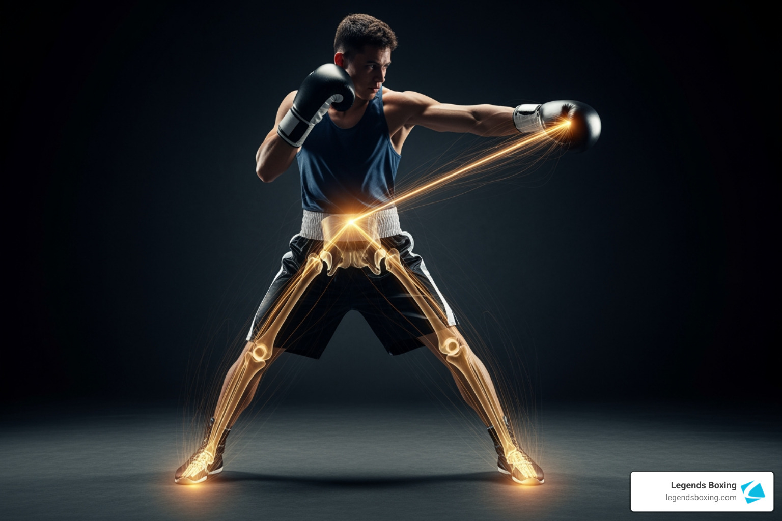 Kinetic chain visualization showing glowing energy lines from feet through hips and core to fist on a punching boxer