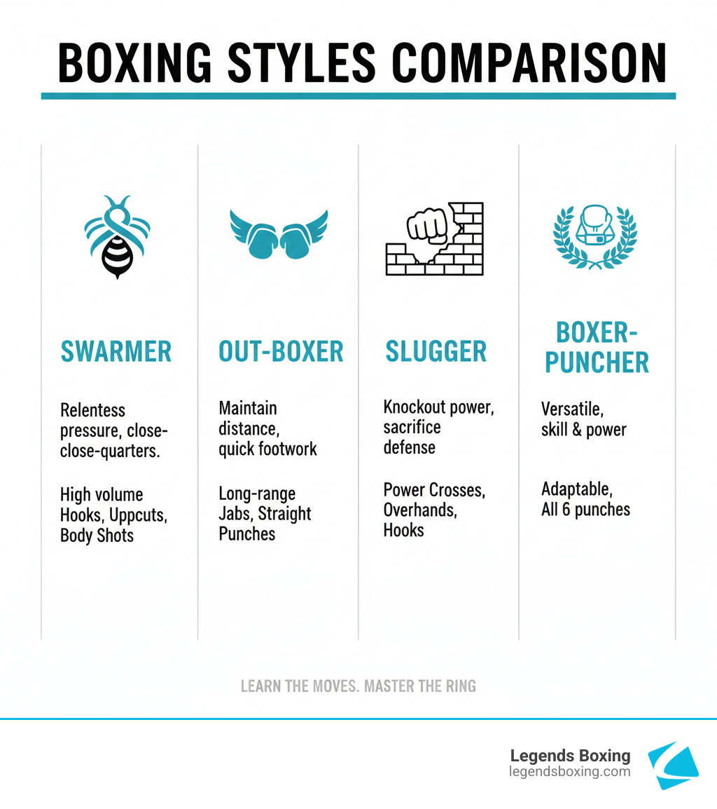 Boxing Styles Comparison infographic: Swarmer, Out-Boxer, Slugger, Boxer-Puncher with icons, strategies, and punch preferences
