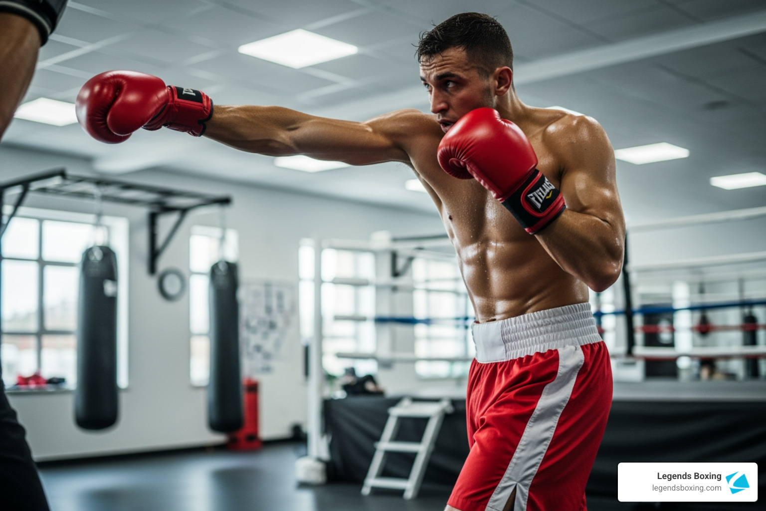 Boxer in gym throwing an uppercut punch, red gloves, bright gym background