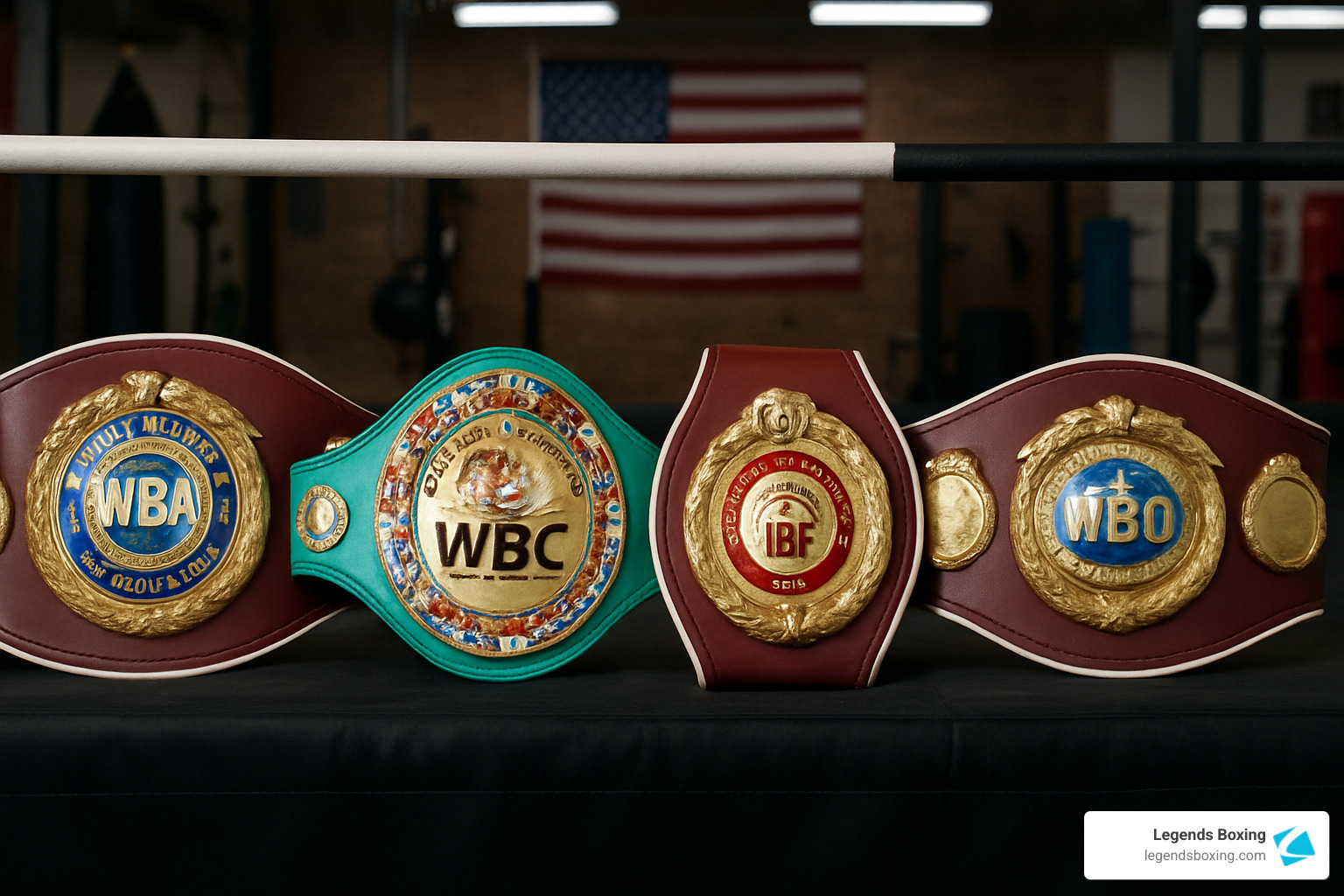 Four major boxing championship belts — WBA (burgundy with blue centerplate), WBC (teal with ornate gold centerpiece), IBF (burgundy with red centerplate), WBO (burgundy with blue centerplate) — displayed on a black surface in front of boxing ring ropes and an American flag