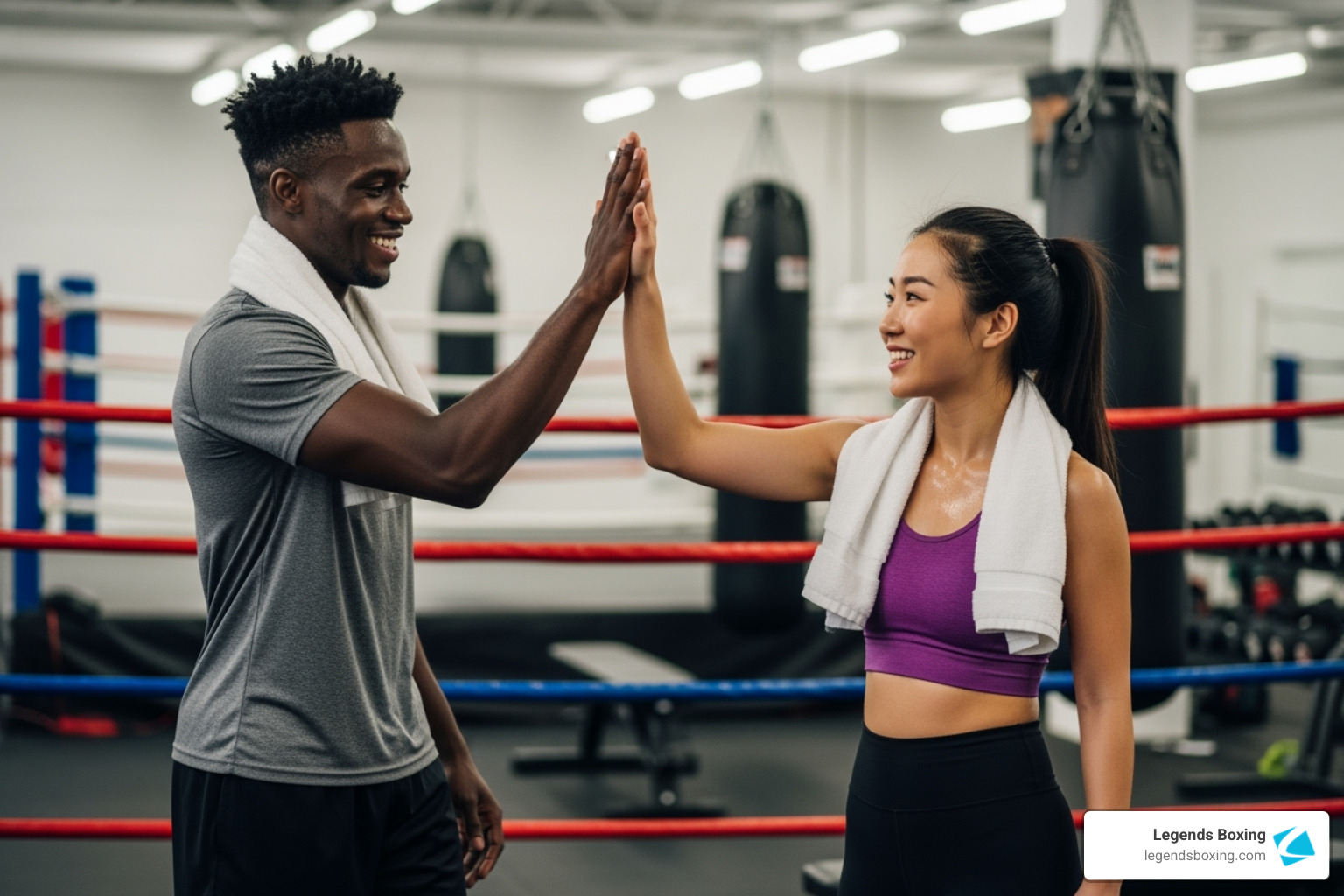 Two boxing class members high-fiving and smiling after a workout — man in grey shirt and woman in purple sports top, both with white towels around their necks, standing beside a boxing ring with heavy bags visible in background — Legends Boxing community