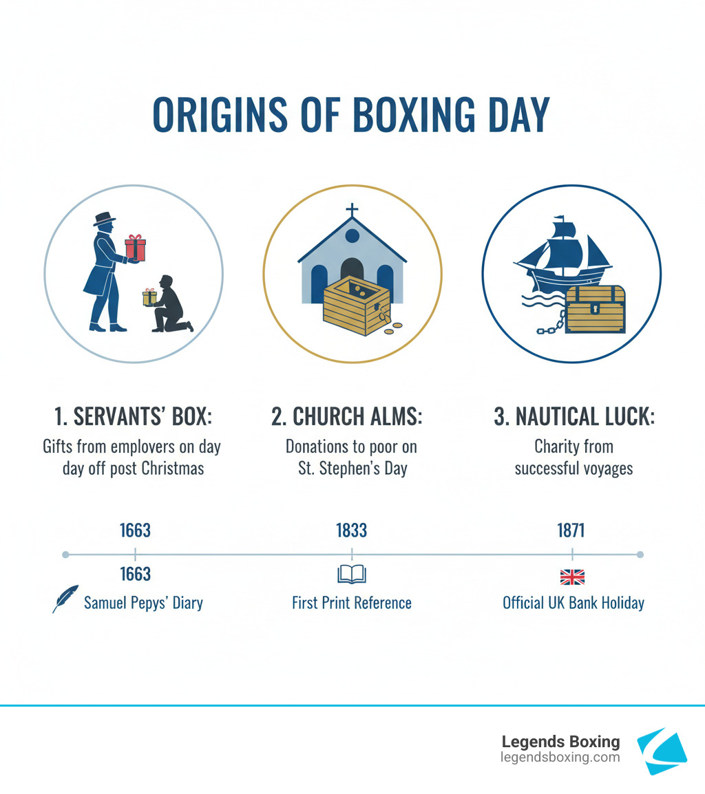 Origins of Boxing Day infographic: three theories (Servants' Box, Church Alms, Nautical Luck) with timeline from 1663 to 1871