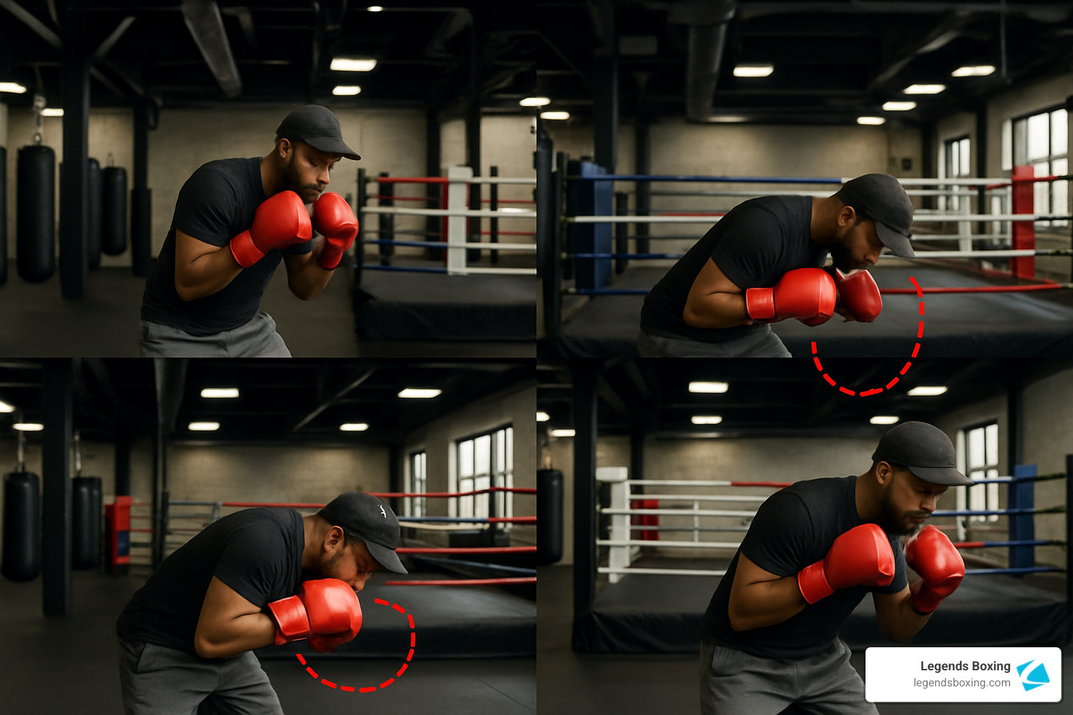 Four-panel sequence showing a boxer in a black t-shirt, dark cap, and red gloves demonstrating bobbing and weaving: (top-left) standard guard stance, (top-right) slipping right with a red dashed circle indicating head movement path, (bottom-left) weaving left with red dashed circle, (bottom-right) returning to guard — a Legends Boxing branded visual guide to the U-shaped defensive movement