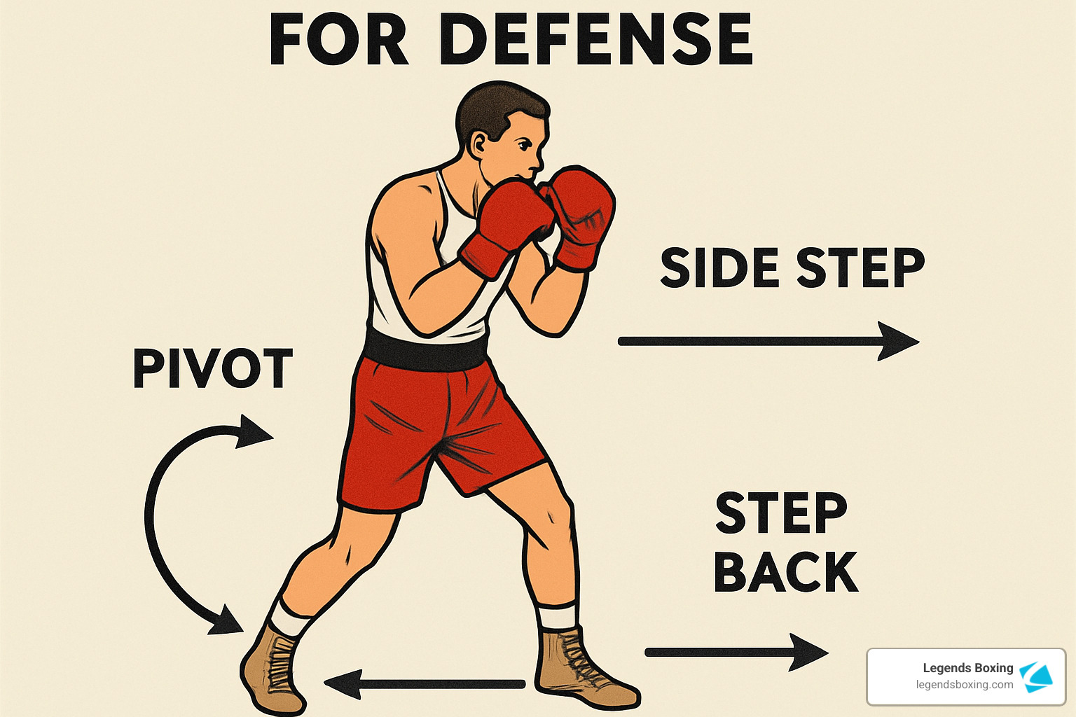 Illustrated footwork diagram labeled "For Defense" — a classic illustrated boxer in white tank top and red shorts with boxing gloves raised in guard, surrounded by three labeled movement arrows: PIVOT (curved arrow to the left), SIDE STEP (arrow pointing right), and STEP BACK (double arrow pointing back) — Legends Boxing branded