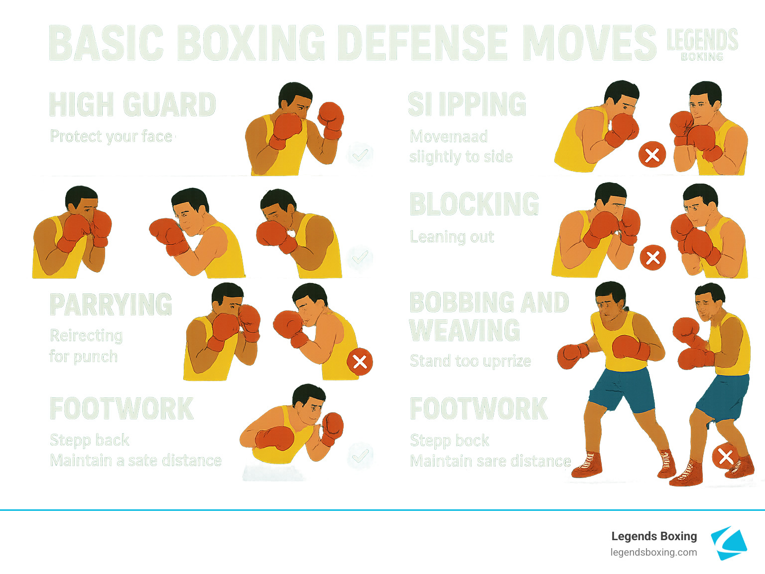 Basic Boxing Defense Moves infographic by Legends Boxing — six technique panels comparing correct (checkmark) vs incorrect (X) execution: High Guard (protect your face), Slipping (move head slightly to side), Blocking (leaning out = wrong), Parrying (redirecting the punch), Bobbing and Weaving (standing too upright = wrong), and Footwork (step back, maintain safe distance) — Legends Boxing branded