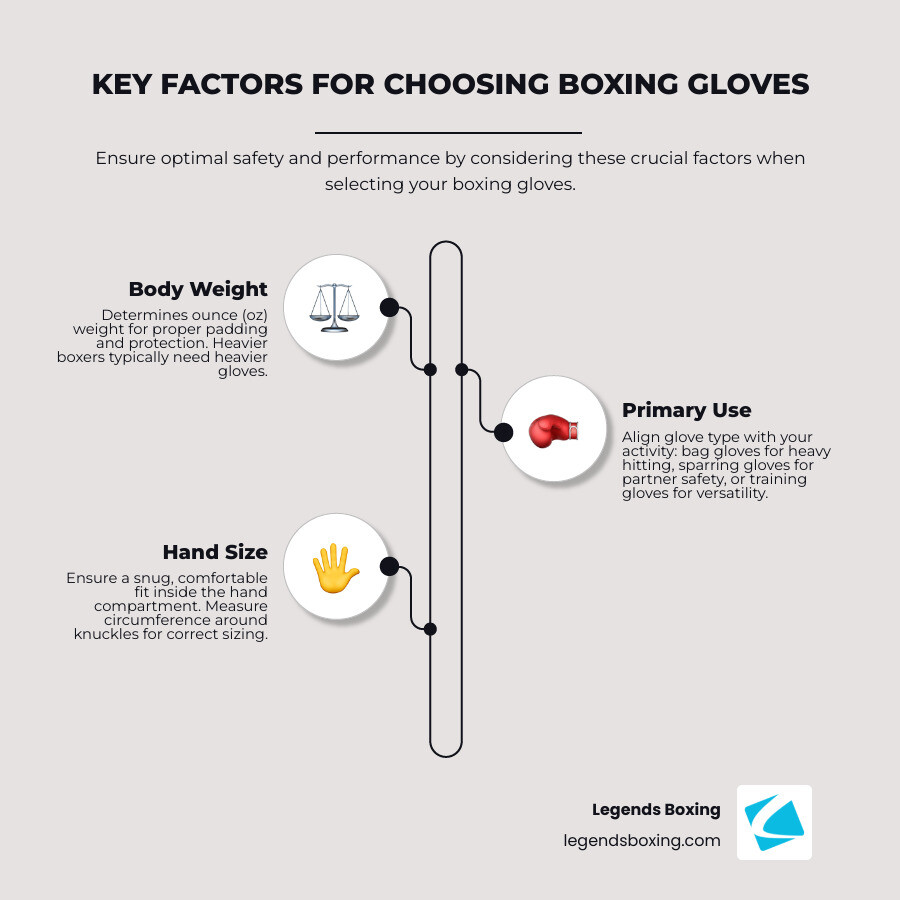 Key factors for choosing boxing gloves: body weight determines oz, primary use determines type, hand size determines fit