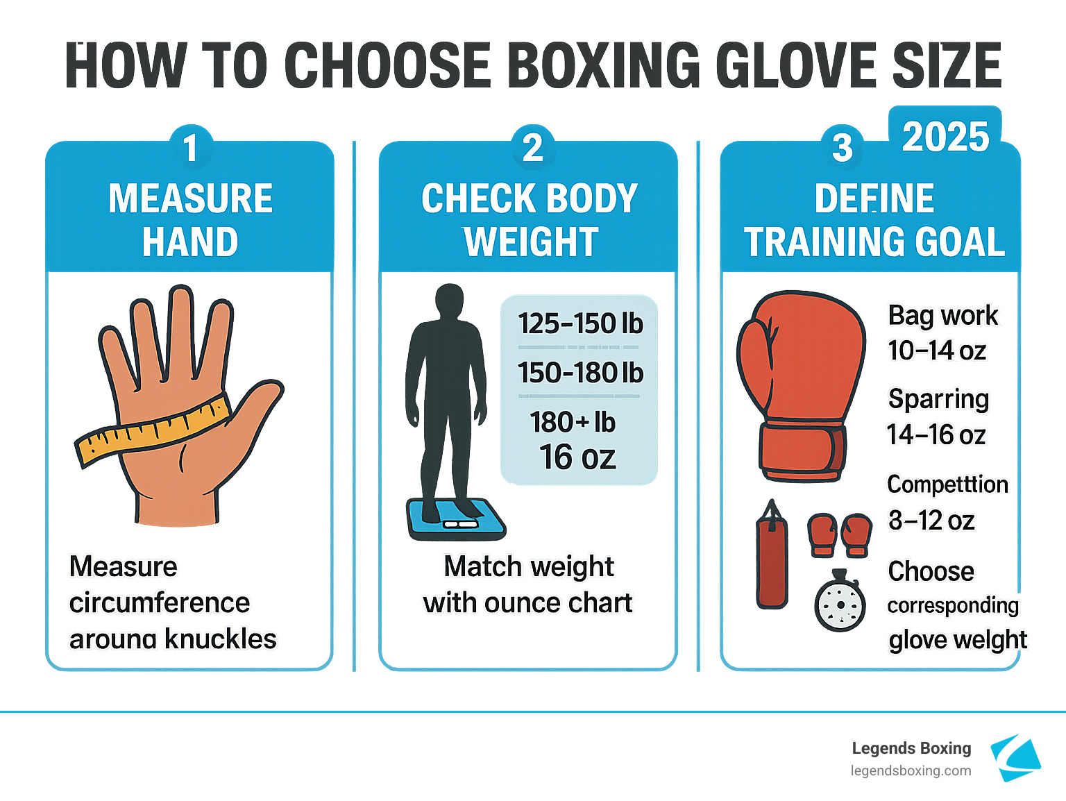How to Choose Boxing Glove Size infographic — three steps: Step 1 Measure Hand (circumference around knuckles), Step 2 Check Body Weight (125–150 lb, 150–180 lb, 180+ lb → 16oz, match weight with ounce chart), Step 3 Define Training Goal (bag work 10–14oz, sparring 14–16oz, competition 8–12oz) — Legends Boxing