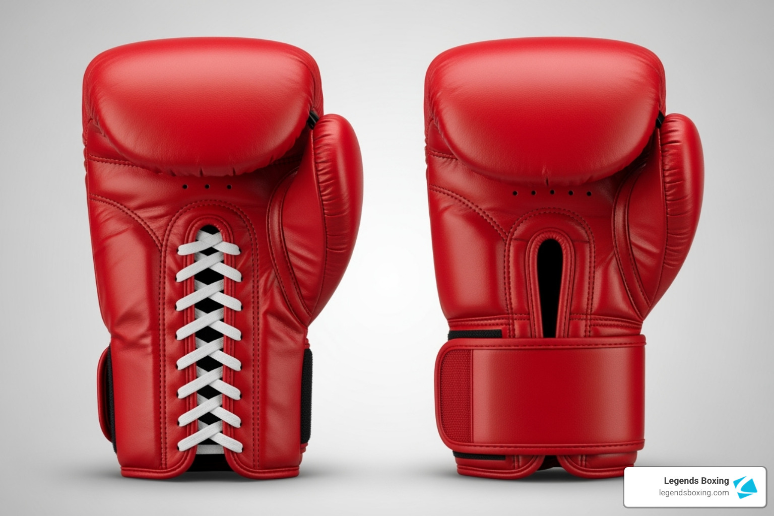 Two red boxing gloves side by side — left glove showing white lace-up closure, right glove showing Velcro strap closure — comparison of lace-up vs Velcro boxing gloves — Legends Boxing