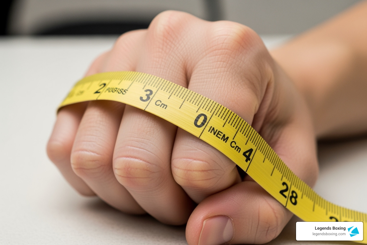 Fabric tape measure wrapped around a clenched fist just below the knuckles — demonstrating how to measure hand circumference for boxing glove sizing — Legends Boxing