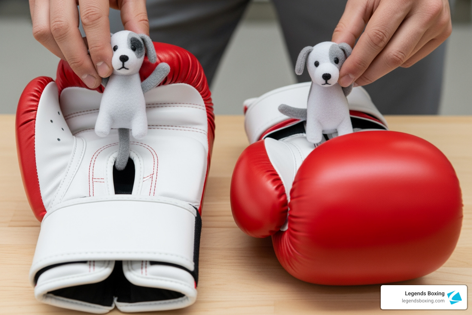 Glove dogs (small plush deodorizer pouches) being placed inside boxing gloves