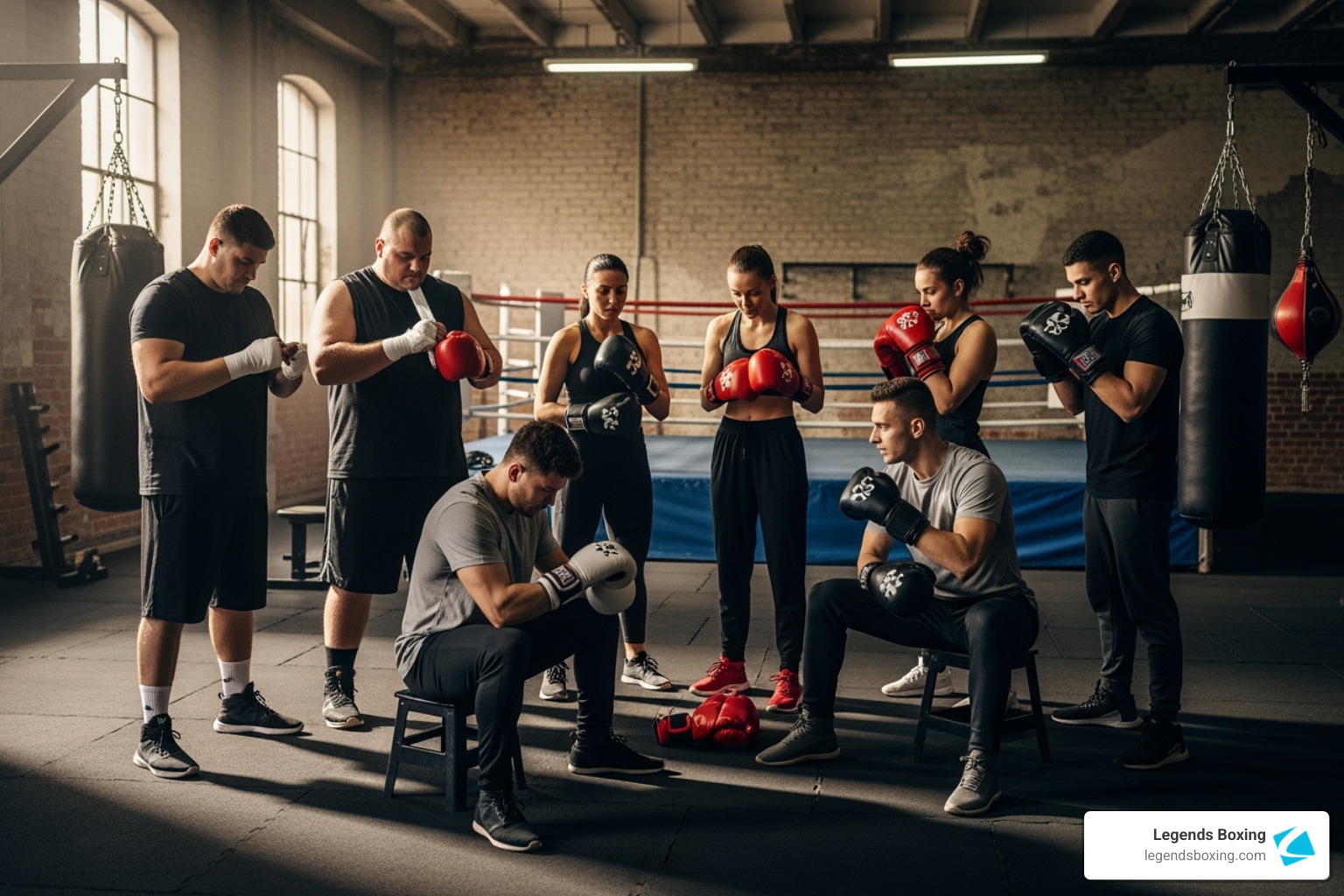 Group of seven boxers in a brick-wall gym putting on or adjusting red and black boxing gloves together — testing fit for the first time — boxing ring and heavy bags in background — Legends Boxing