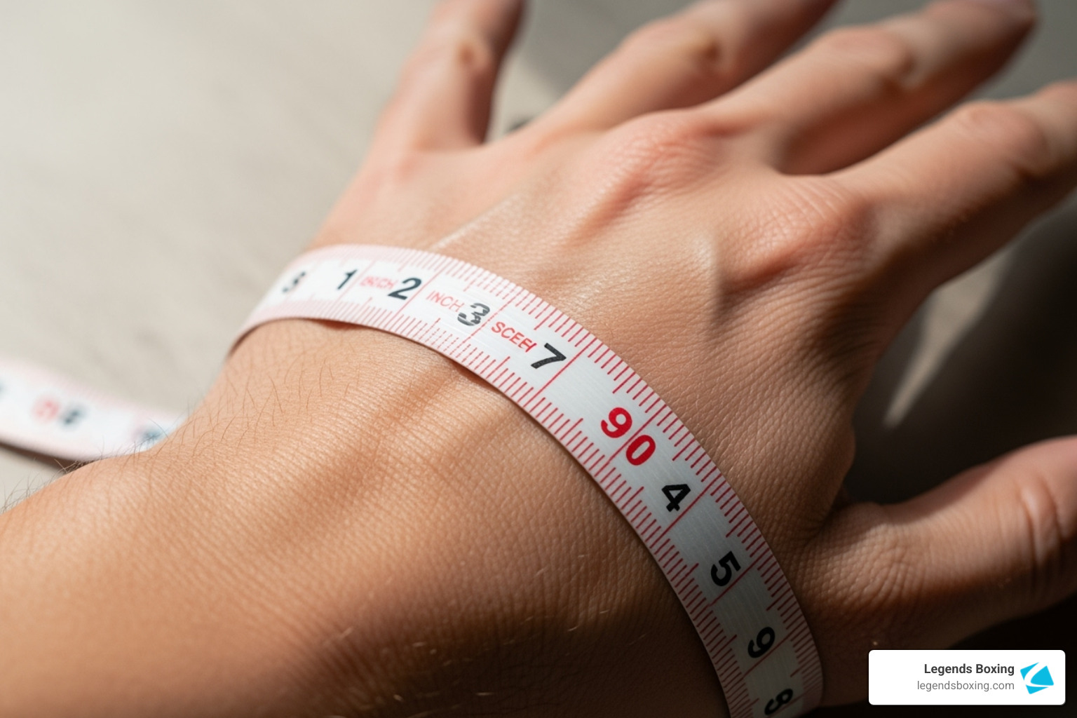 Close-up of a flexible measuring tape wrapped around a person's hand just below the knuckles — how to measure hand circumference for boxing glove sizing — Legends Boxing