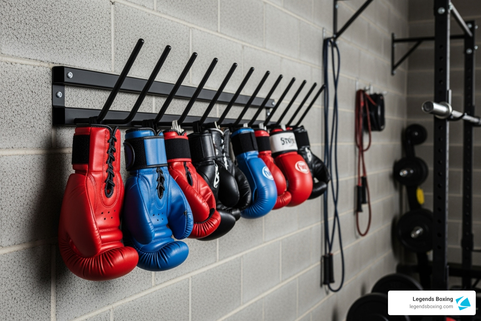 Black wall-mounted glove rack on a cinder block gym wall with 5 pairs of red, blue, and black boxing gloves hanging by their wrist straps — barbell plates and pull-up rig visible in the background