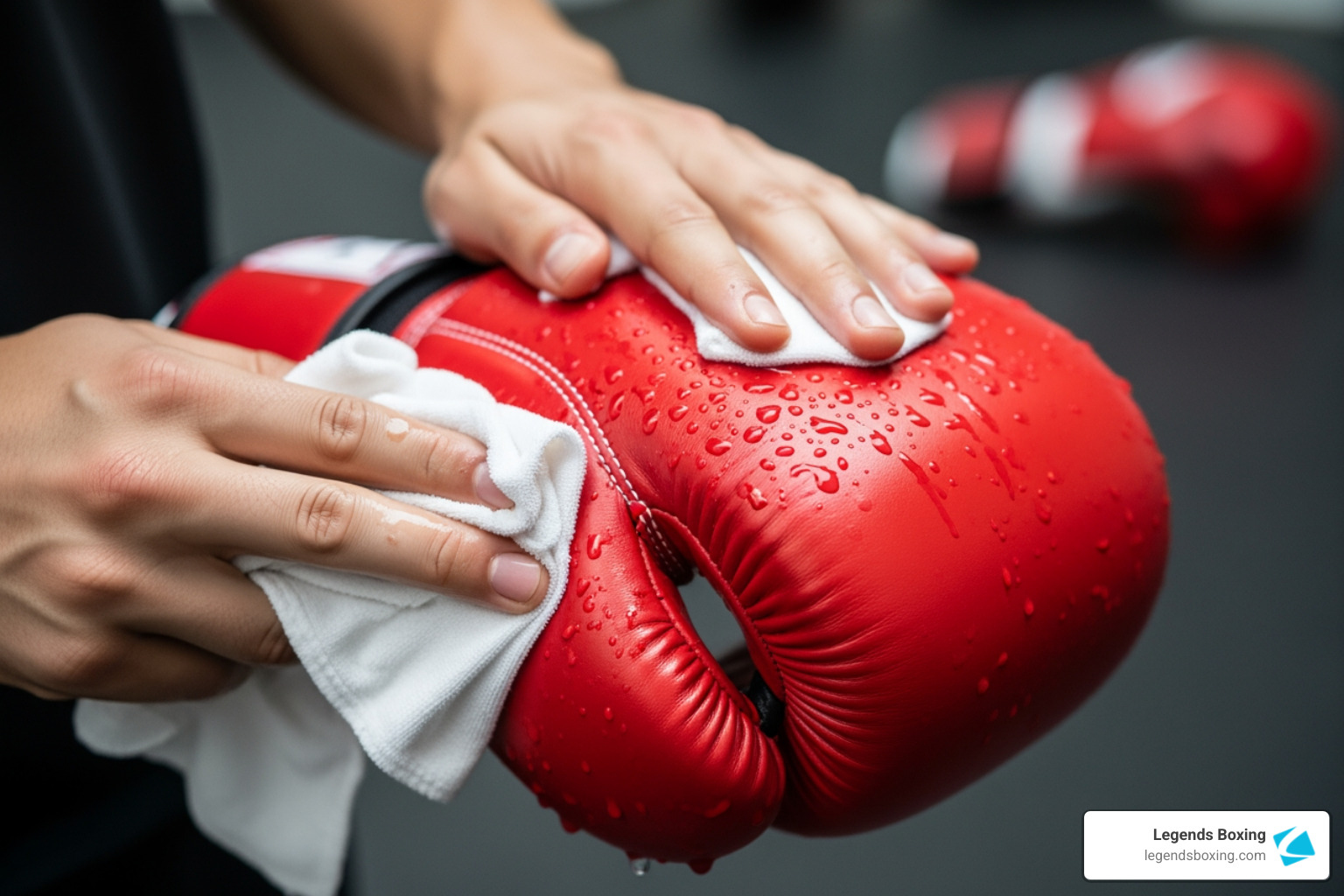 Wiping down red boxing gloves with a damp white cloth