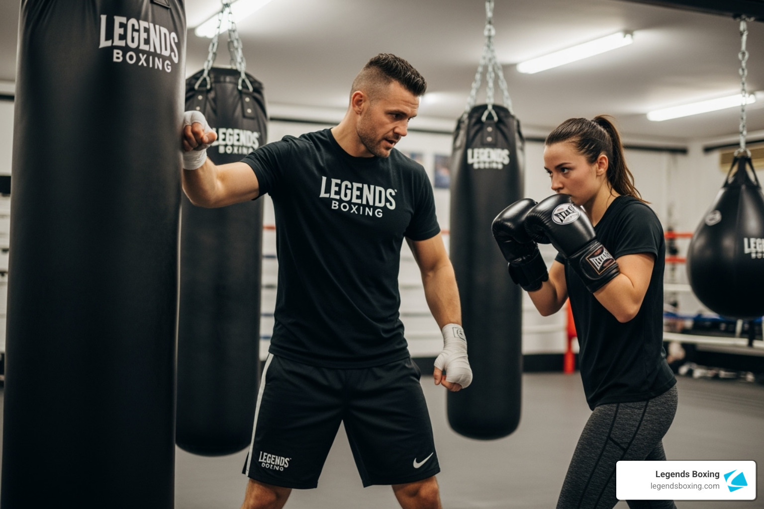 Legends Boxing coach in a black Legends Boxing shirt demonstrating proper guard stance at the heavy bag while a female member mirrors the position beside him — one-on-one instruction in a gym full of Legends Boxing heavy bags