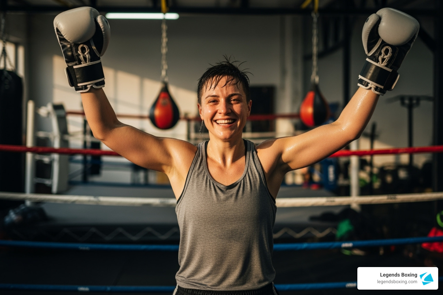 Sweaty, smiling female boxer with both gloved fists raised in triumph standing in front of a boxing ring — red and blue ropes visible, speed bags in the background