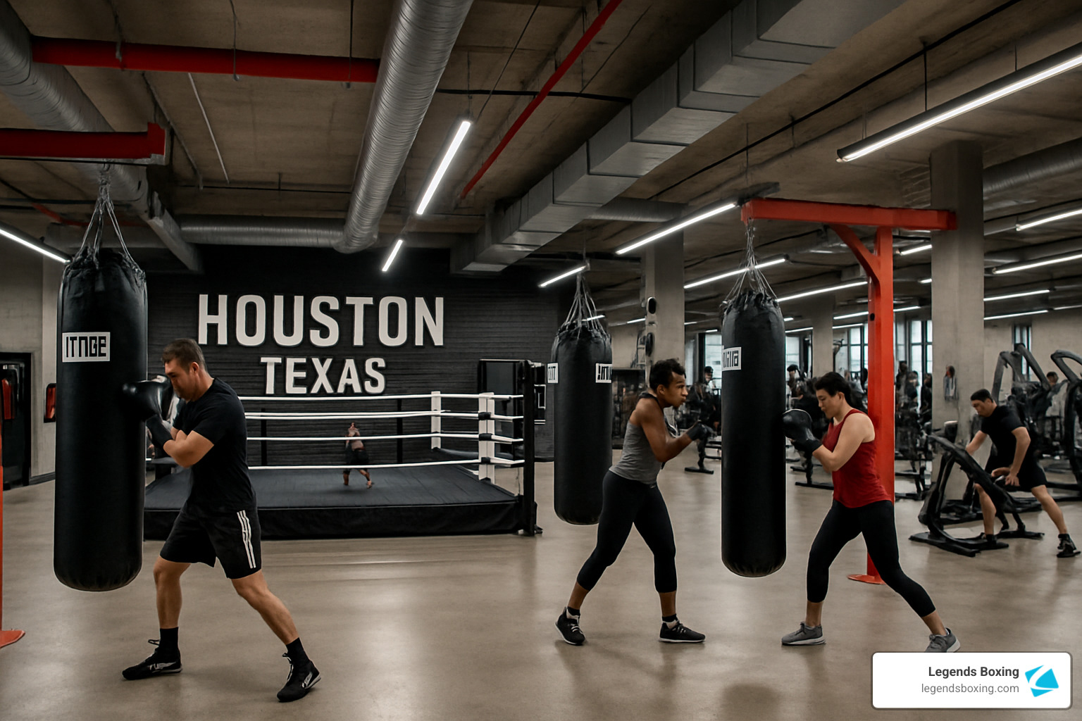 A modern industrial Houston boxing gym: "HOUSTON TEXAS" painted in large letters on a black wall, a boxing ring in the background, three members working bags and shadow boxing on a polished concrete floor, red accent columns and LED lighting throughout — the new generation of boxing fitness in the Bayou City