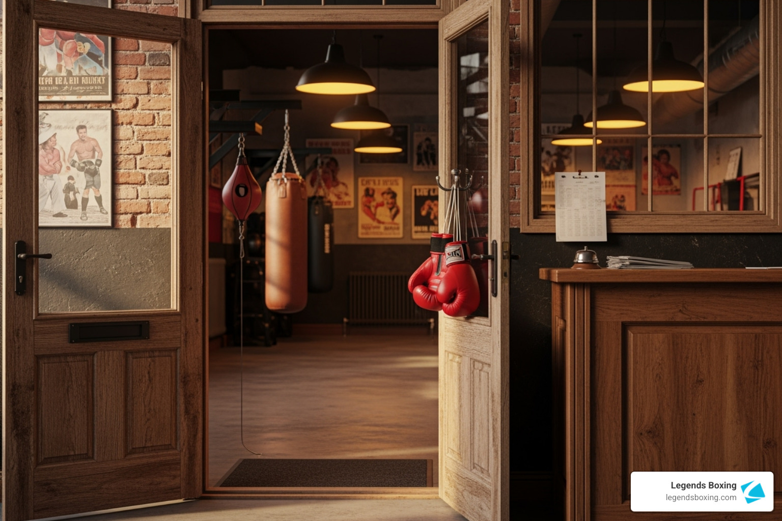 Welcoming boxing gym entrance with open wooden doors revealing heavy bags, a speed bag, vintage boxing posters on brick walls, and red gloves hanging near the front desk — boxing gym Layton Utah — Legends Boxing