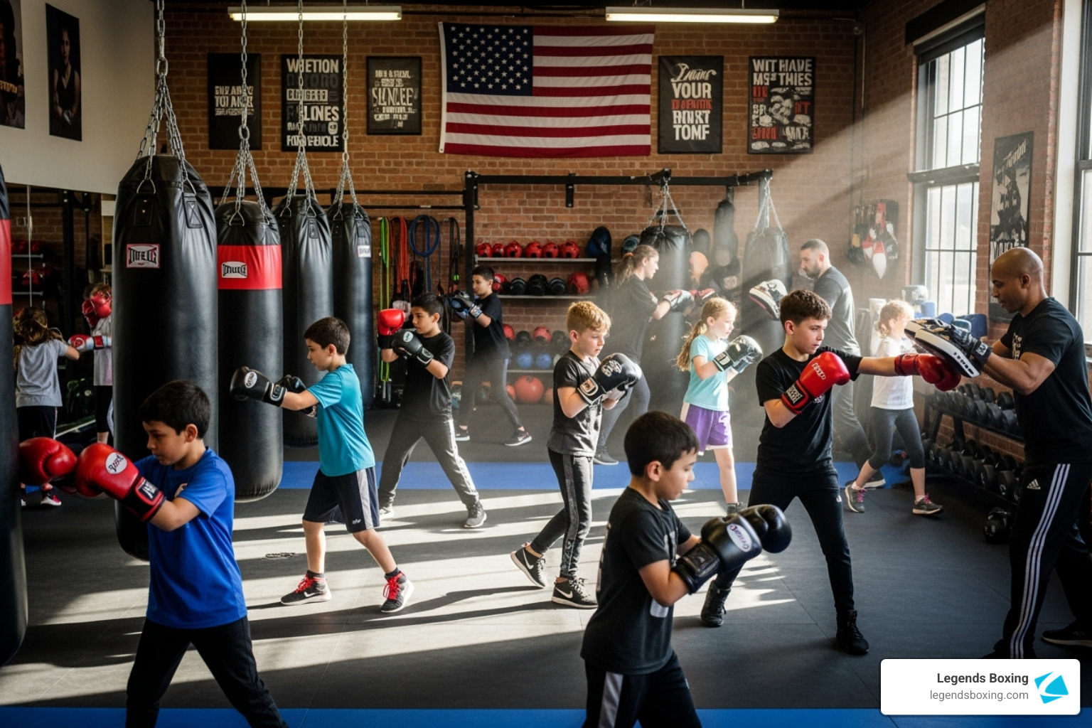 Youth boxing class — group of kids with gloves training with a coach, American flag and motivational posters on brick wall, heavy bags in the background — Legends Boxing