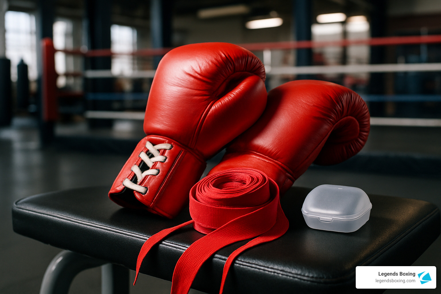 Red lace-up boxing gloves, a neatly rolled red hand wrap, and a clear plastic mouthguard case resting on a black leather gym bench, a boxing ring visible in the background — the three essential items every beginner needs before their first class at a boxing gym, Legends Boxing branded