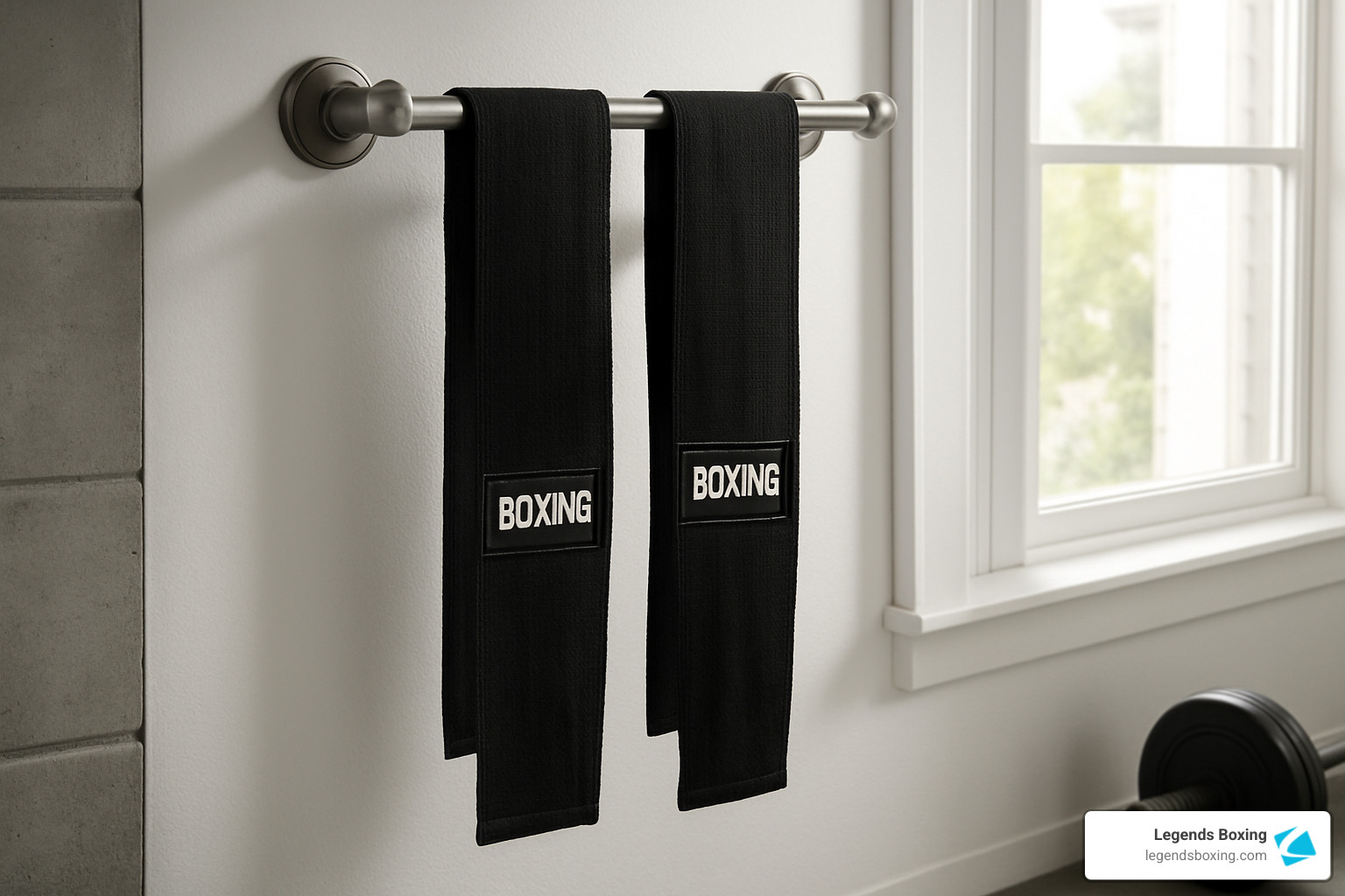 Two black hand wraps labeled "BOXING" hanging neatly over a bathroom towel bar to air dry, with natural light coming through a nearby window — the simple five-second habit of hanging wraps immediately after training that prevents bacteria growth and extends their lifespan