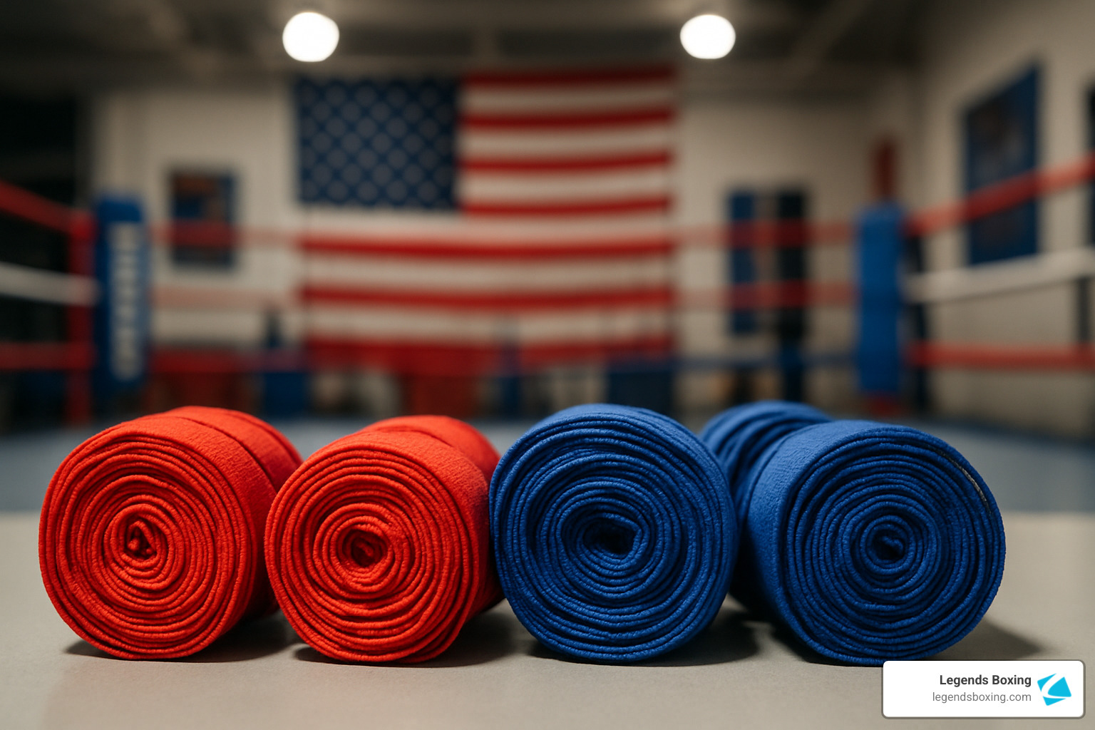Two red and two blue rolled boxing hand wraps arranged on a gym surface, a boxing ring and American flag visible out of focus in the background — showing the neat rolling method that prevents wrinkles, tangling, and moisture retention between sessions