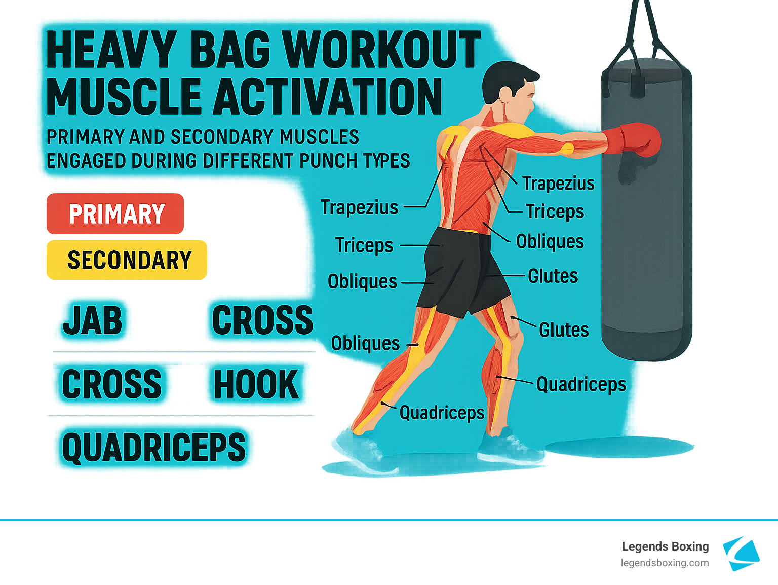 Heavy Bag Workout Muscle Activation infographic — illustrated boxer in red gloves punching a hanging heavy bag, with muscles labeled on both sides: Trapezius, Triceps, Obliques, Glutes, and Quadriceps, with a Primary (red) and Secondary (yellow) legend. JAB, CROSS, HOOK, and QUADRICEPS are highlighted as key activation categories — Legends Boxing branded