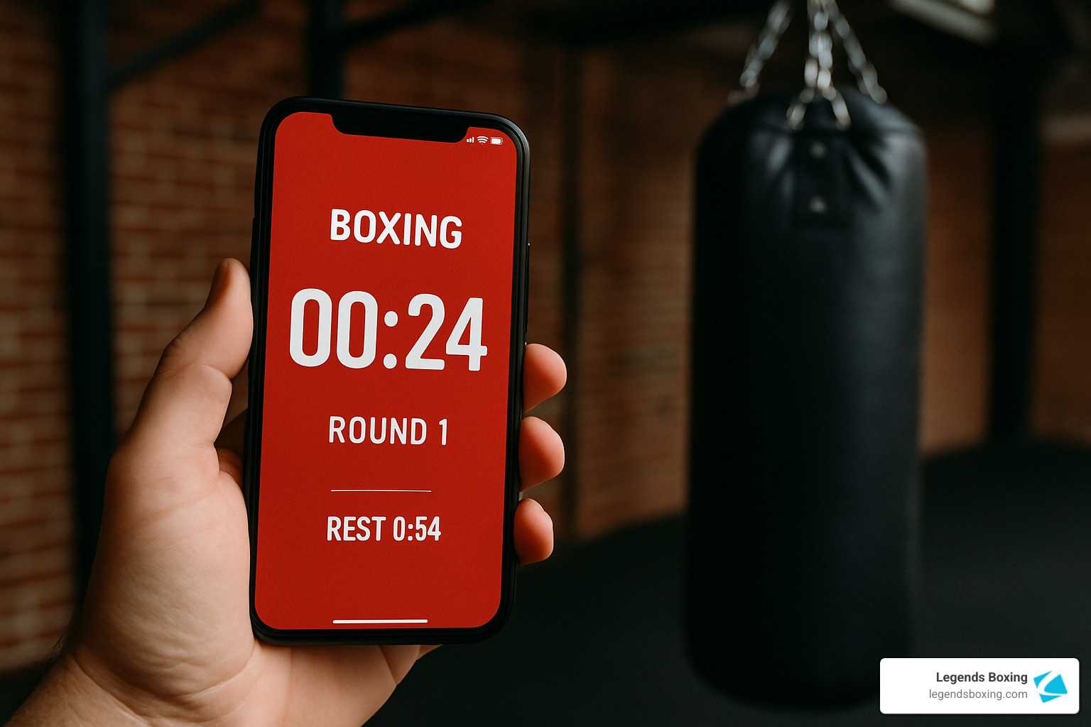 A hand holds a smartphone showing a red-screen boxing timer app reading "BOXING / 00:24 / ROUND 1 / REST 0:54" — a Legends Boxing branded image — with a blurred heavy bag hanging in the background of a brick-walled gym. Set yours before every session and don't start without it
