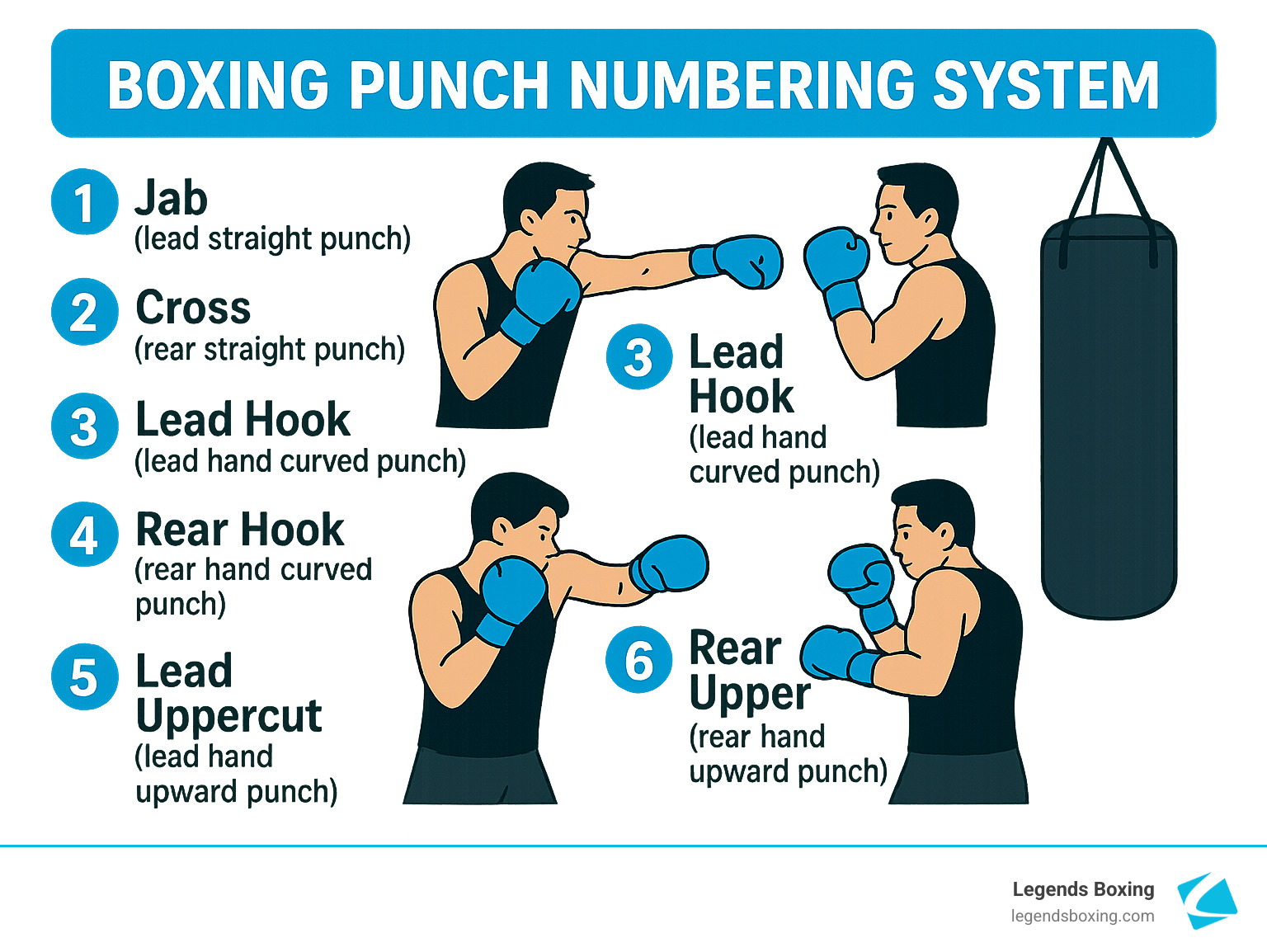 Boxing Punch Numbering System infographic — illustrated with blue cartoon boxer figures: 1 Jab (lead straight punch) / 2 Cross (rear straight punch) / 3 Lead Hook (lead hand curved punch) — action illustrations of jab and lead hook being thrown — 4 Rear Hook (rear hand curved punch) / 5 Lead Uppercut (lead hand upward punch) / 6 Rear Uppercut (rear hand upward punch) — heavy bag illustration on the right — Legends Boxing
