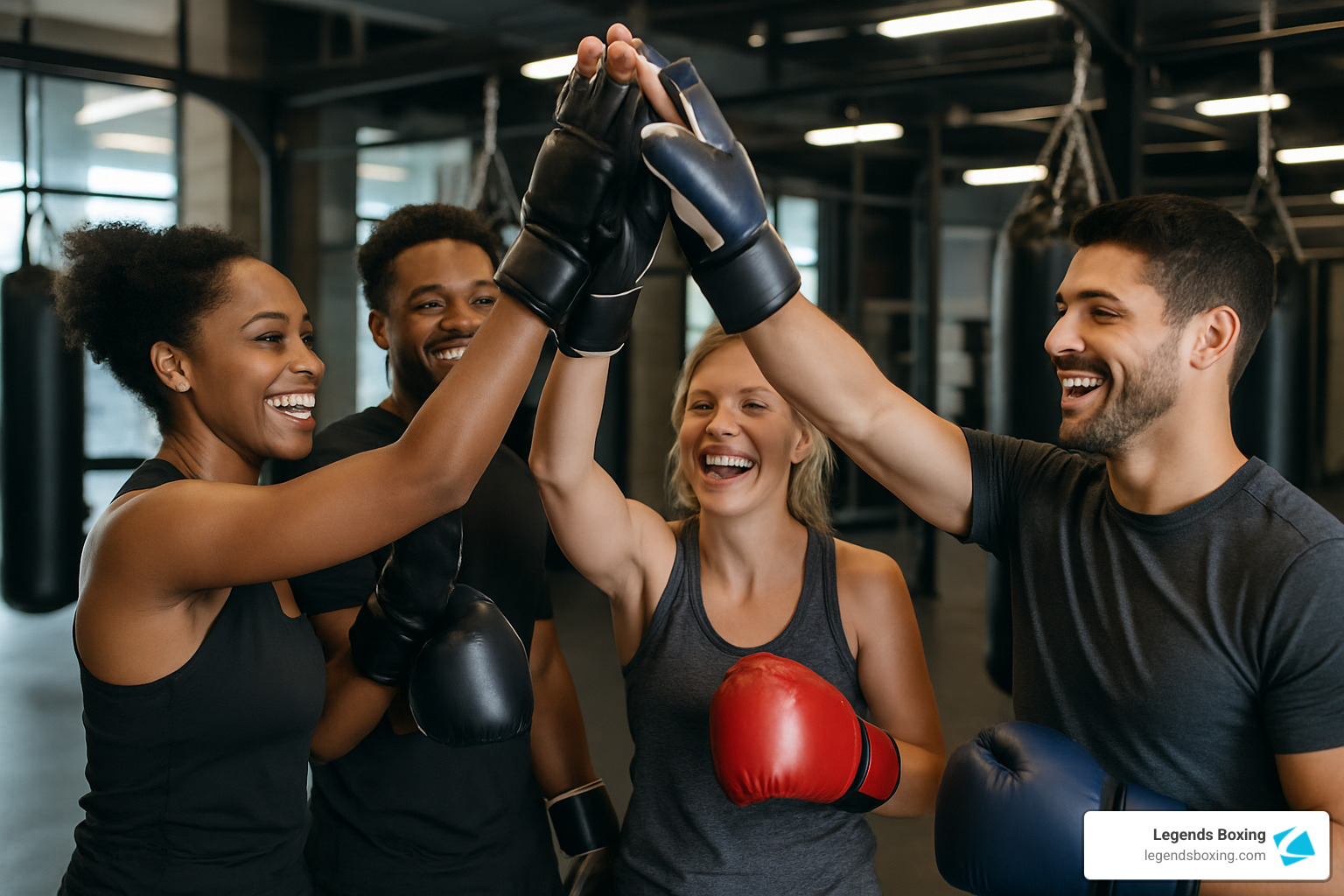 Four diverse people in boxing gloves giving an enthusiastic group high-five and laughing in a boxing gym — heavy bags hanging in background — capturing the supportive community atmosphere that makes boxing training enjoyable for beginners