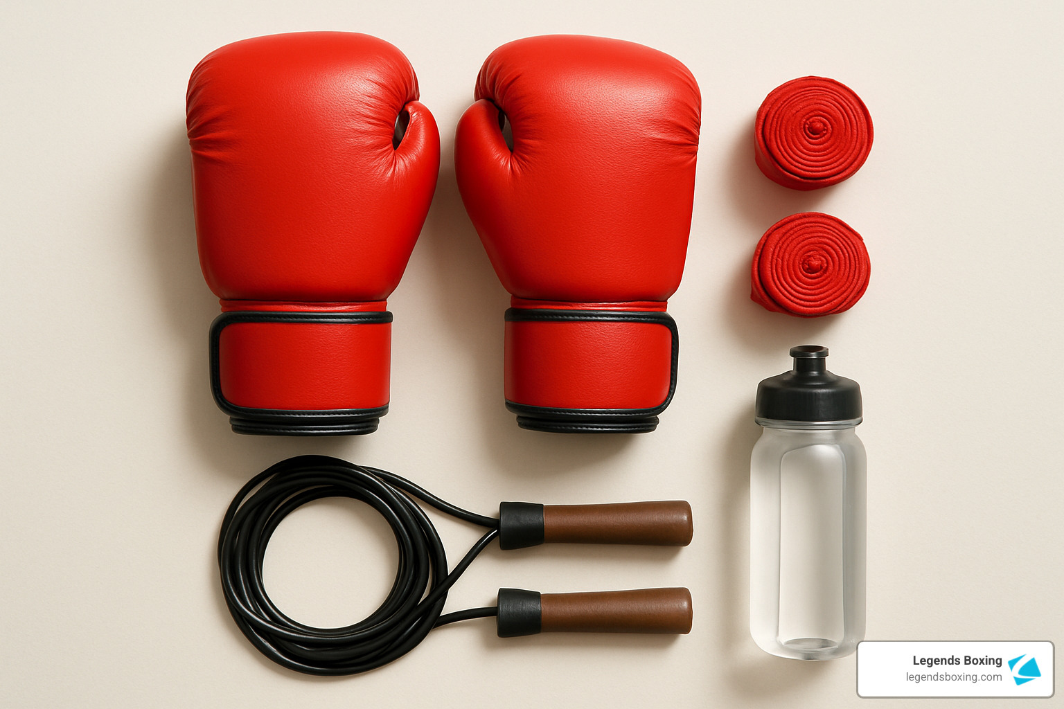 Essential boxing gear flatlay — pair of red boxing gloves, two rolls of red hand wraps, jump rope with wooden handles, clear water bottle — everything a beginner needs laid out cleanly on a neutral background — boxing moves gear — Legends Boxing