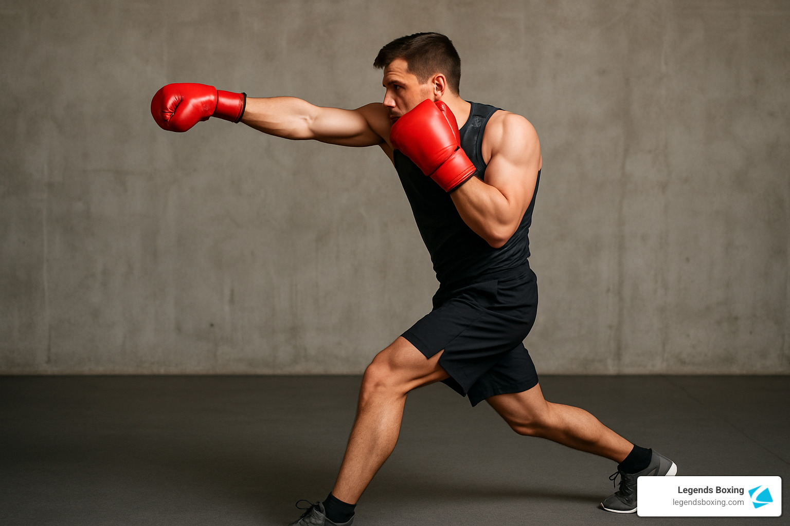 Muscular boxer in black tank top extending a full-power jab/cross with red gloves in a wide lunge stance — perfect technique: lead arm fully extended, rear hand glued to chin, weight transferred forward — concrete wall background — boxing moves jab form — Legends Boxing