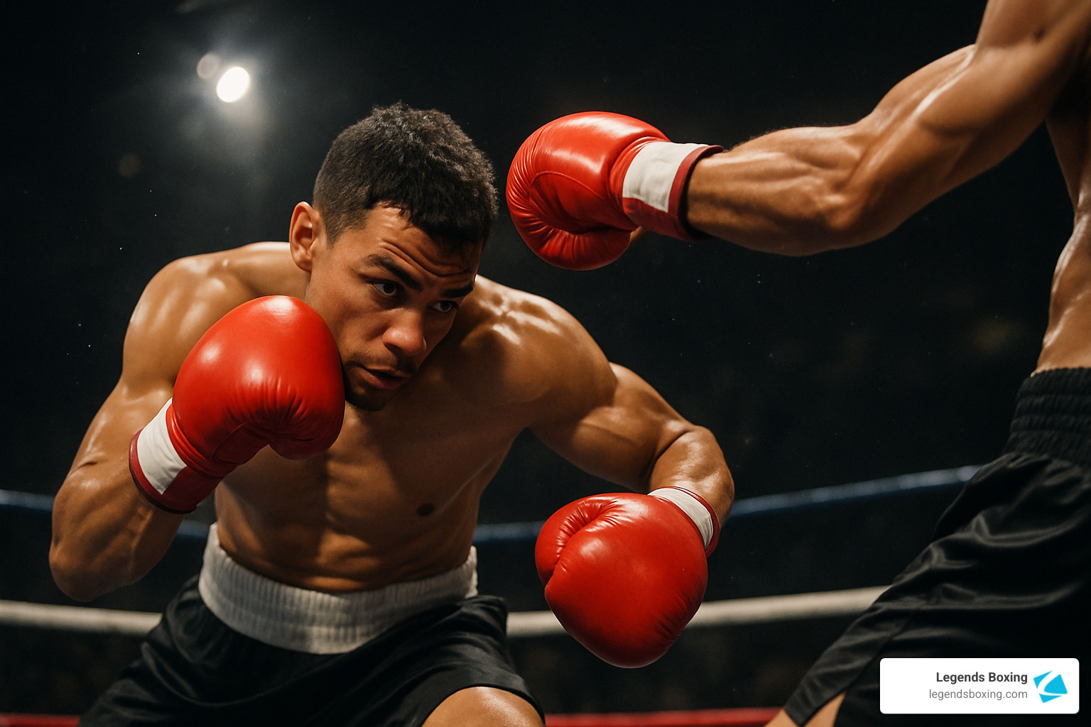 Boxer in red Fellas gloves and gray tank top executing a jab slip — opponent's glove grazing his face as he slips the punch, heavy bags and training equipment visible in the background — boxing moves to learn: offensive and defensive technique — Legends Boxing